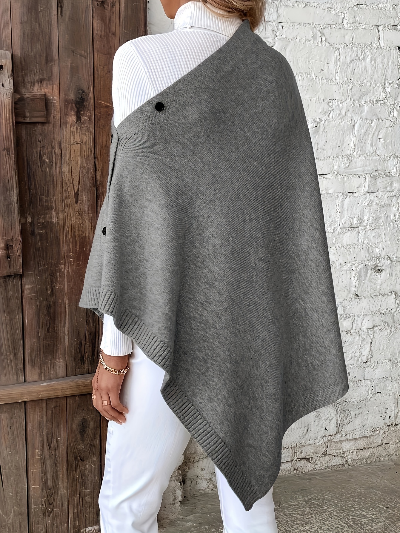 plus size solid poncho sweater elegant asymmetrical hem button down cape sweater for fall winter womens plus size clothing details 45