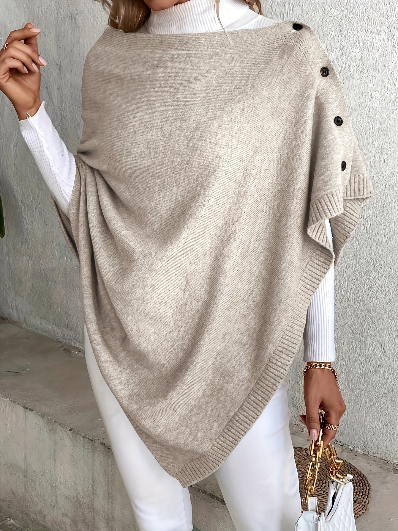 plus size solid poncho sweater elegant asymmetrical hem button down cape sweater for fall winter womens plus size clothing details 48