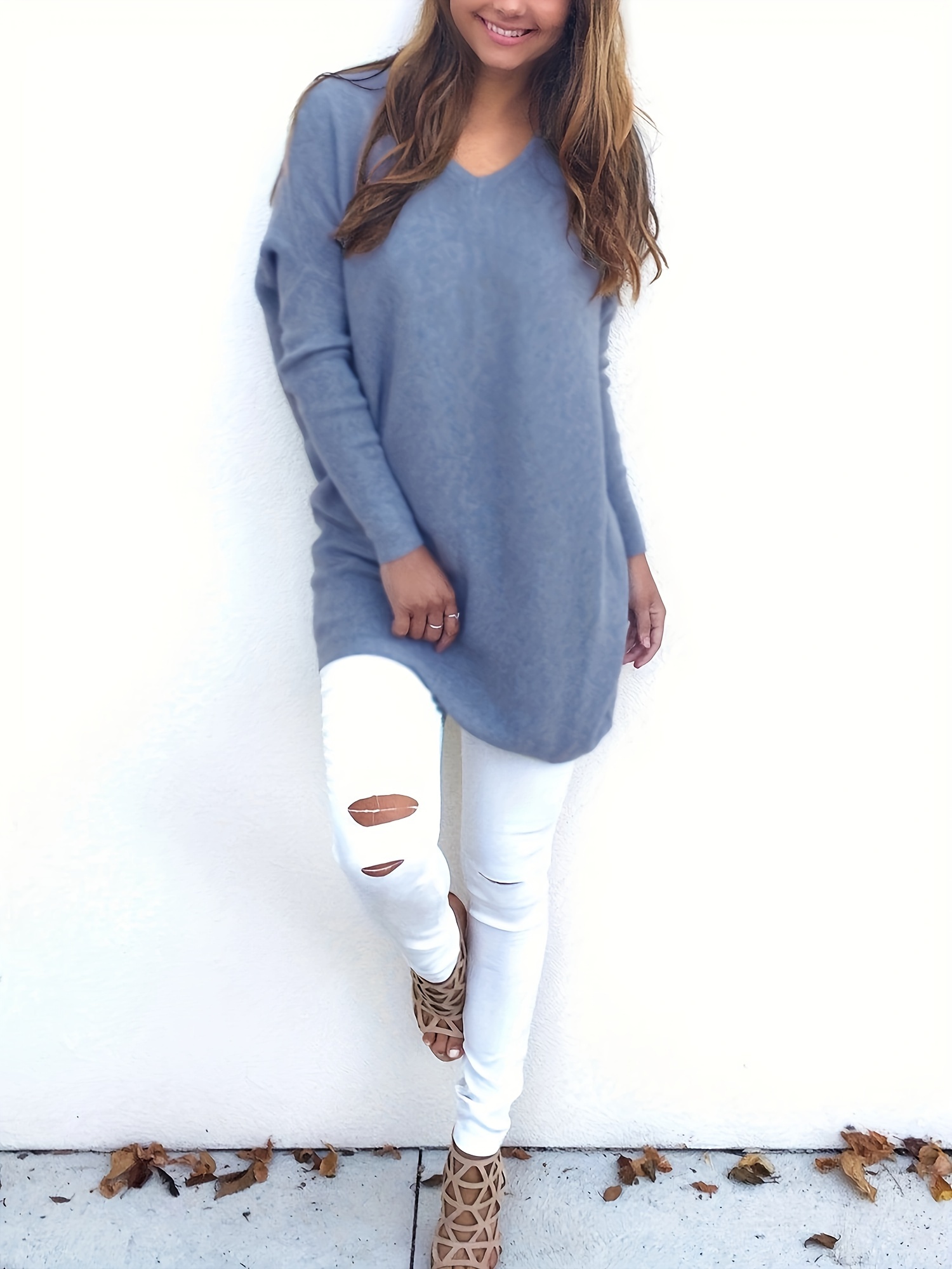 plus size casual sweater womens plus solid long sleeve v neck slight stretch loose pullover jumper details 5