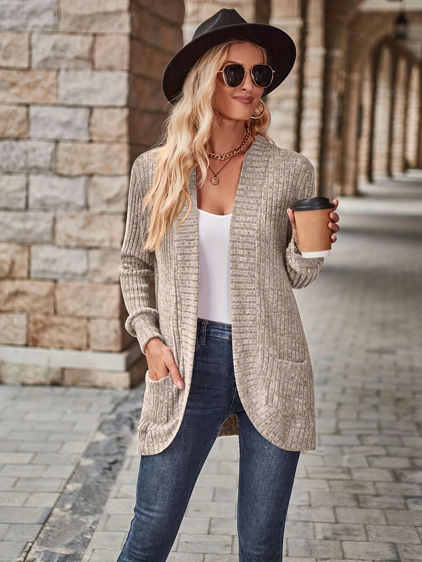 plus size casual cardigan womens plus solid ribbed long sleeve open front cardigan with pockets details 1