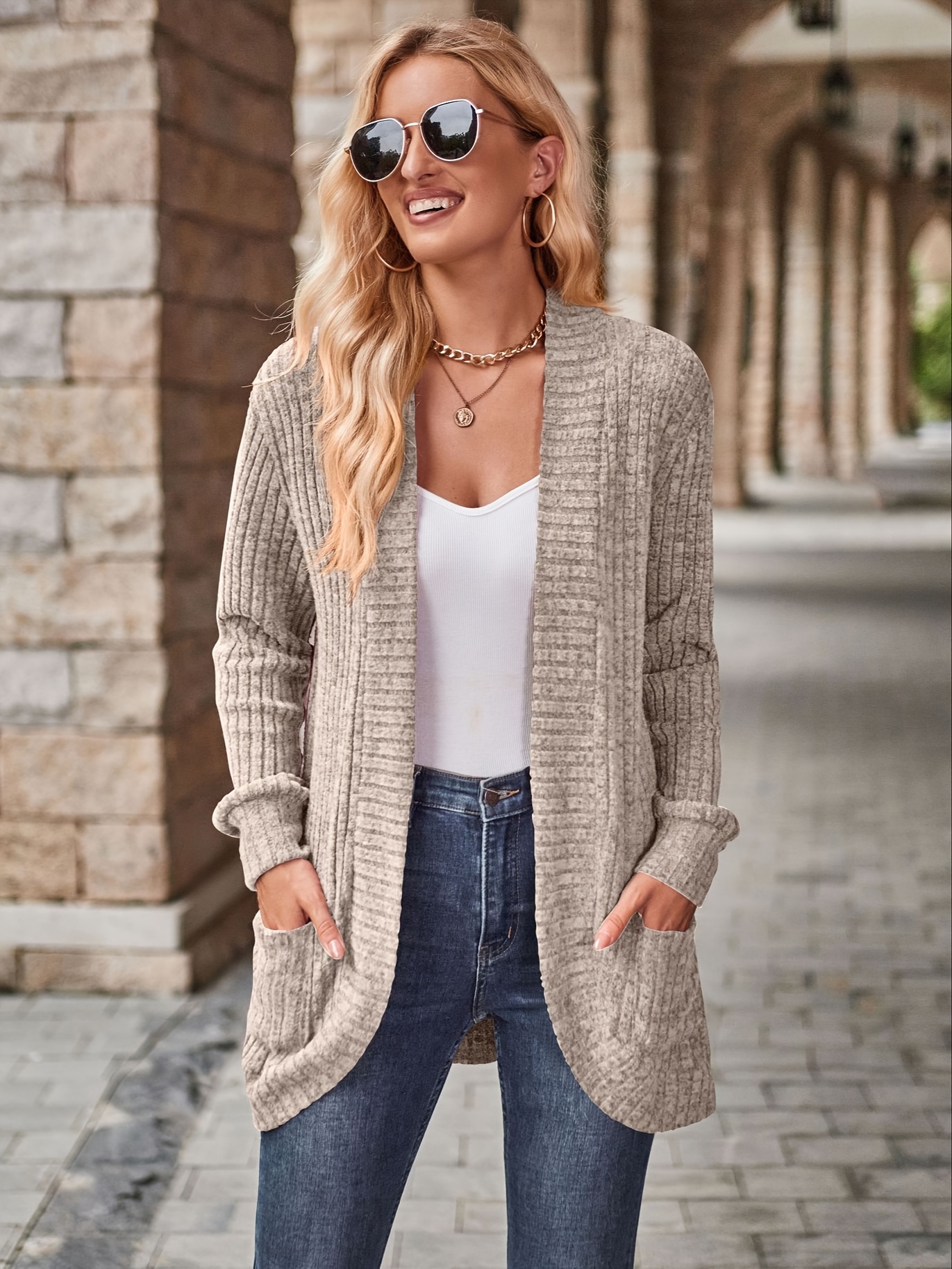 plus size casual cardigan womens plus solid ribbed long sleeve open front cardigan with pockets details 3