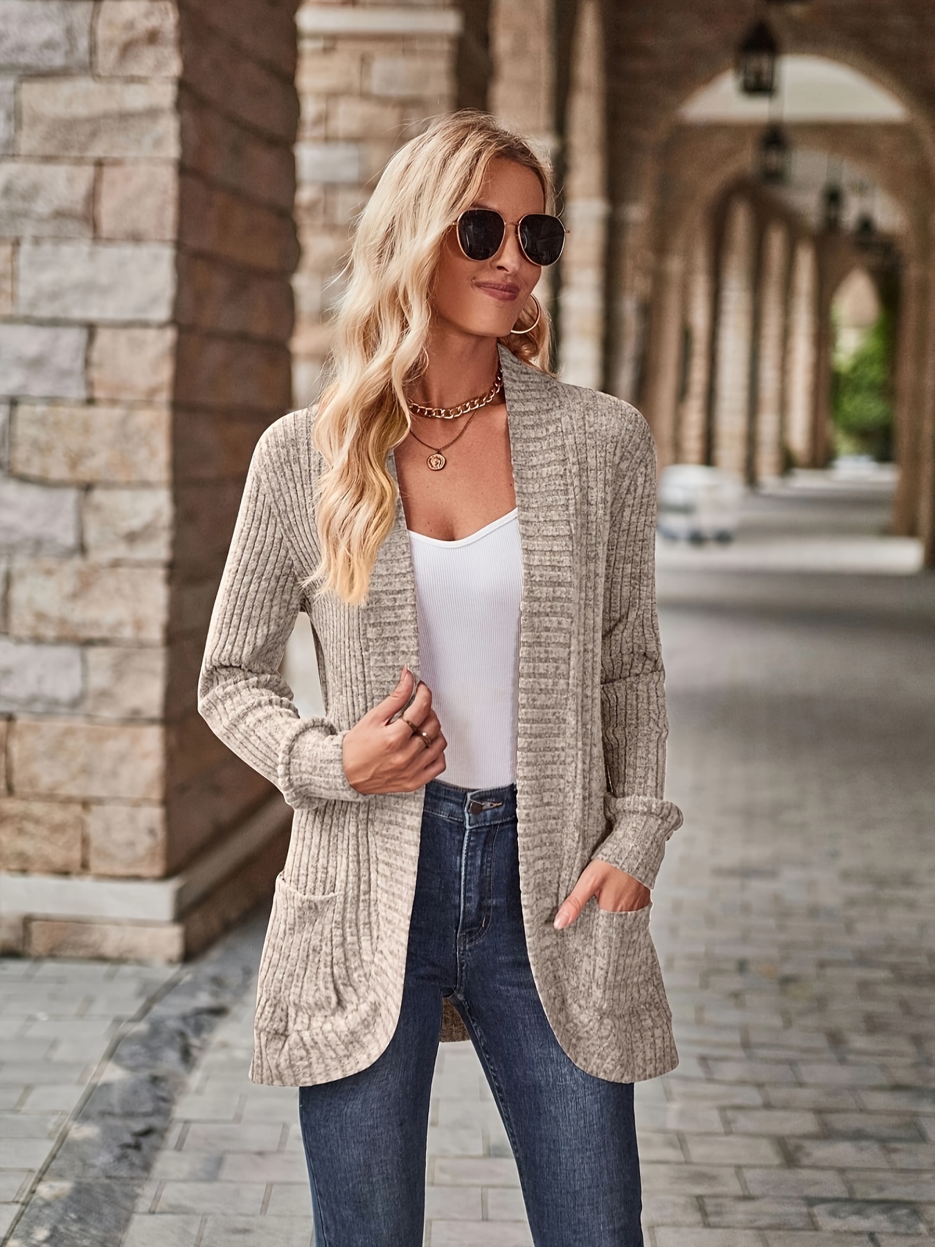 plus size casual cardigan womens plus solid ribbed long sleeve open front cardigan with pockets details 4