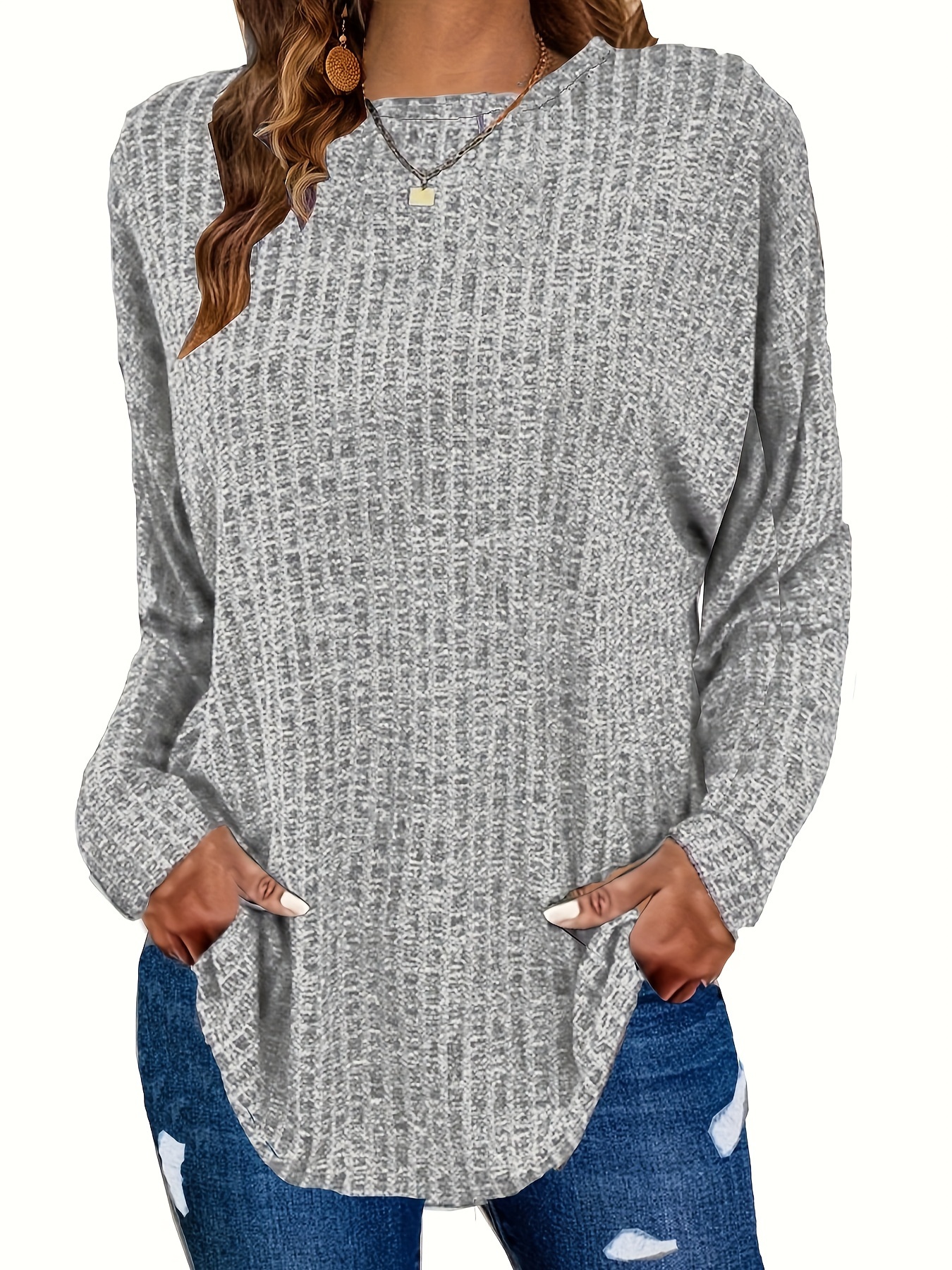 plus size casual sweater womens plus solid ribbed long sleeve round neck knit top details 0