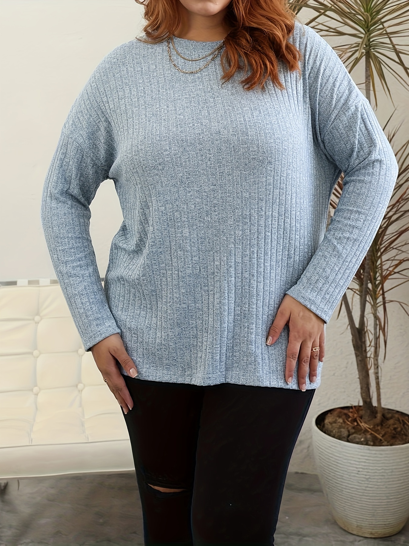 plus size casual sweater womens plus solid ribbed long sleeve round neck knit top details 13