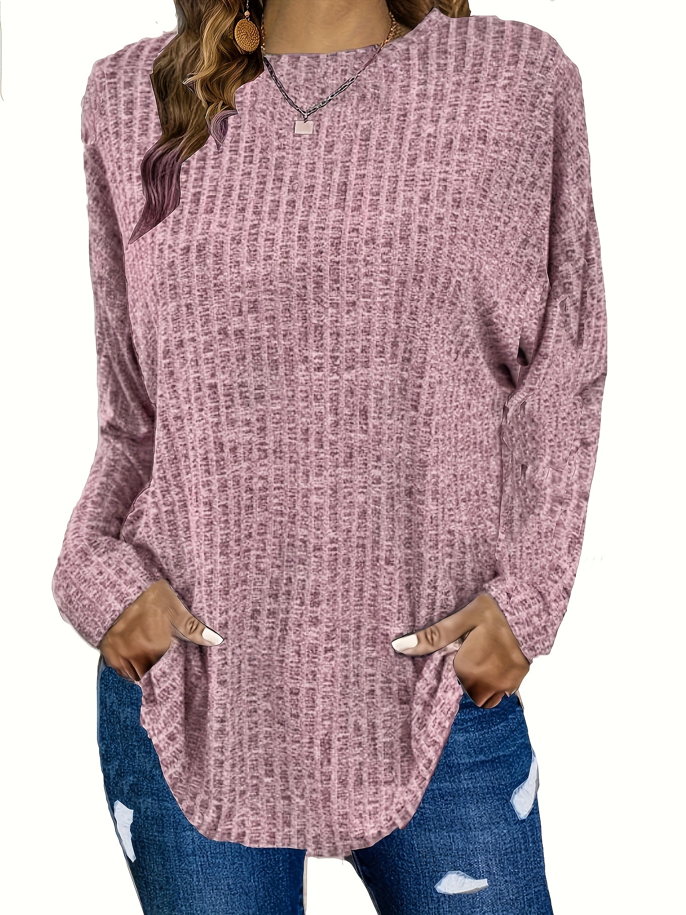 plus size casual sweater womens plus solid ribbed long sleeve round neck knit top details 17