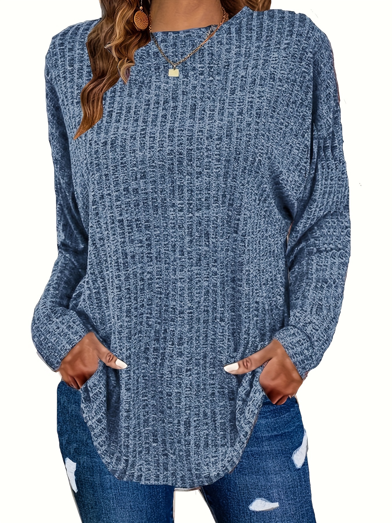 plus size casual sweater womens plus solid ribbed long sleeve round neck knit top details 20