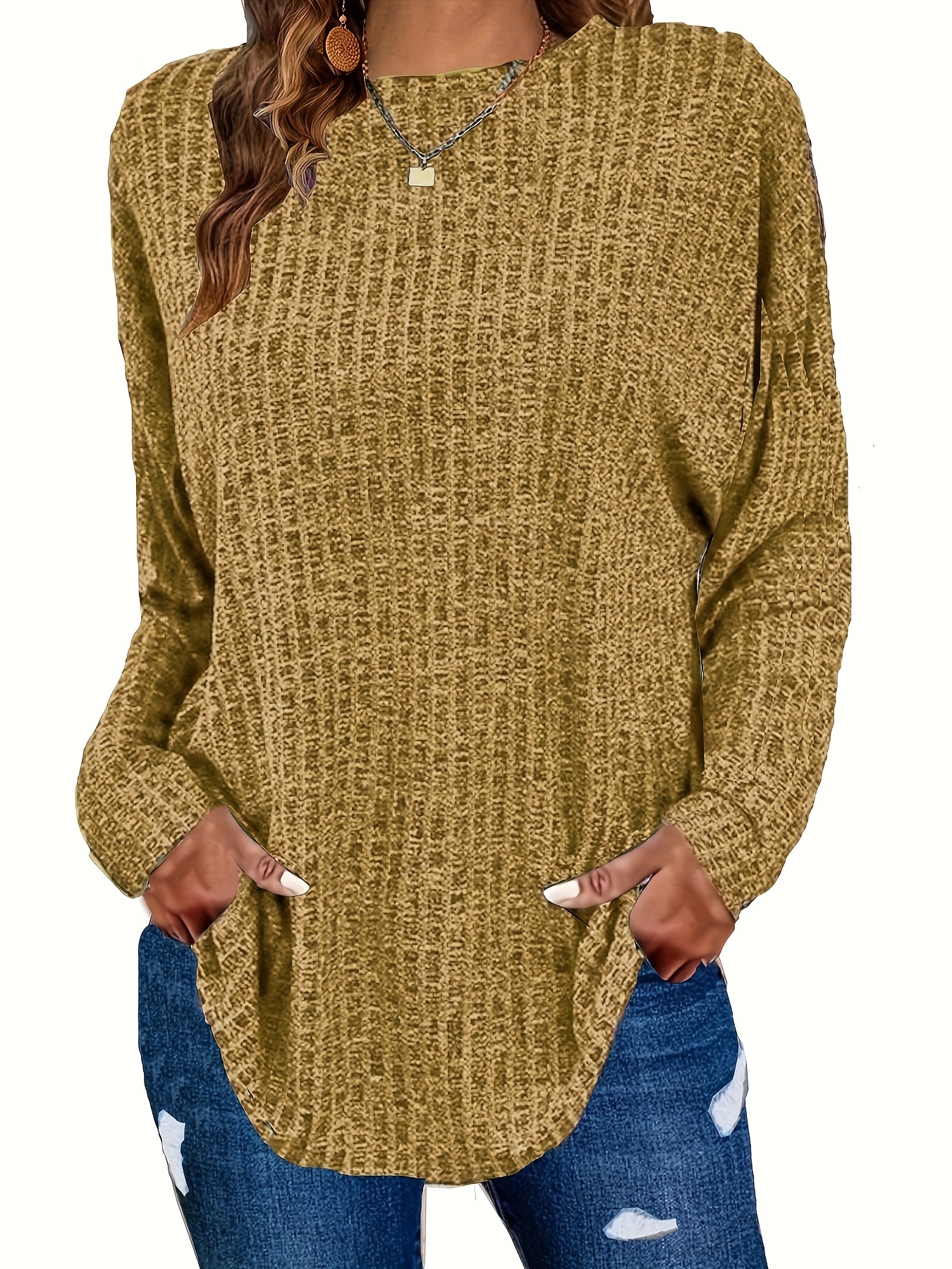 plus size casual sweater womens plus solid ribbed long sleeve round neck knit top details 23