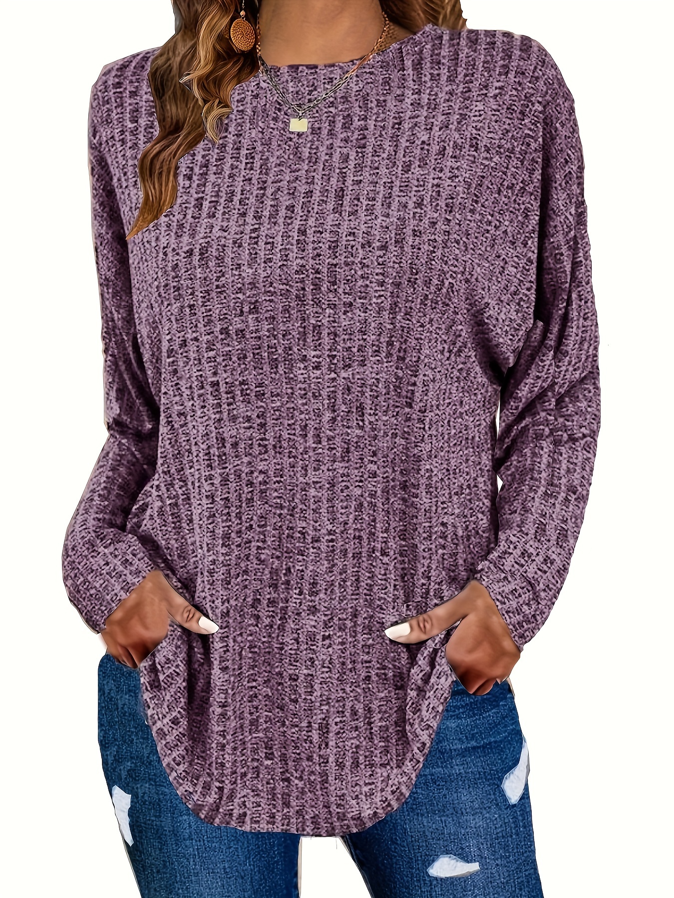 plus size casual sweater womens plus solid ribbed long sleeve round neck knit top details 39