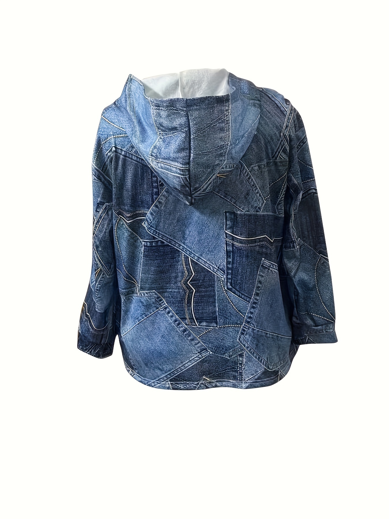 plus size casual coat womens plus denim effect print hoodie long sleeve coat with pockets details 2