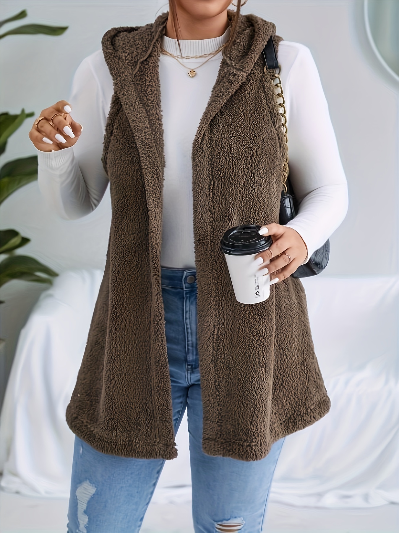 plus size casual faux fur coat womens plus solid teddy fleece hoodie open front tunic vest coat details 0