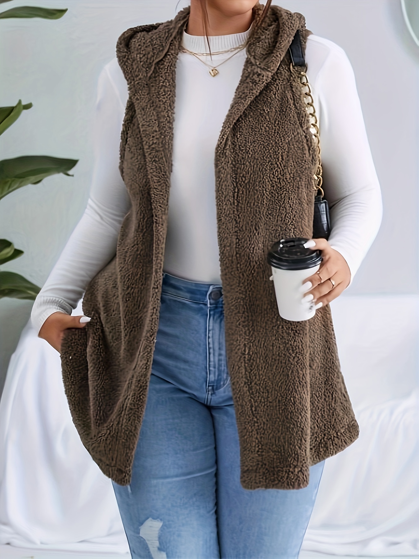 plus size casual faux fur coat womens plus solid teddy fleece hoodie open front tunic vest coat details 1