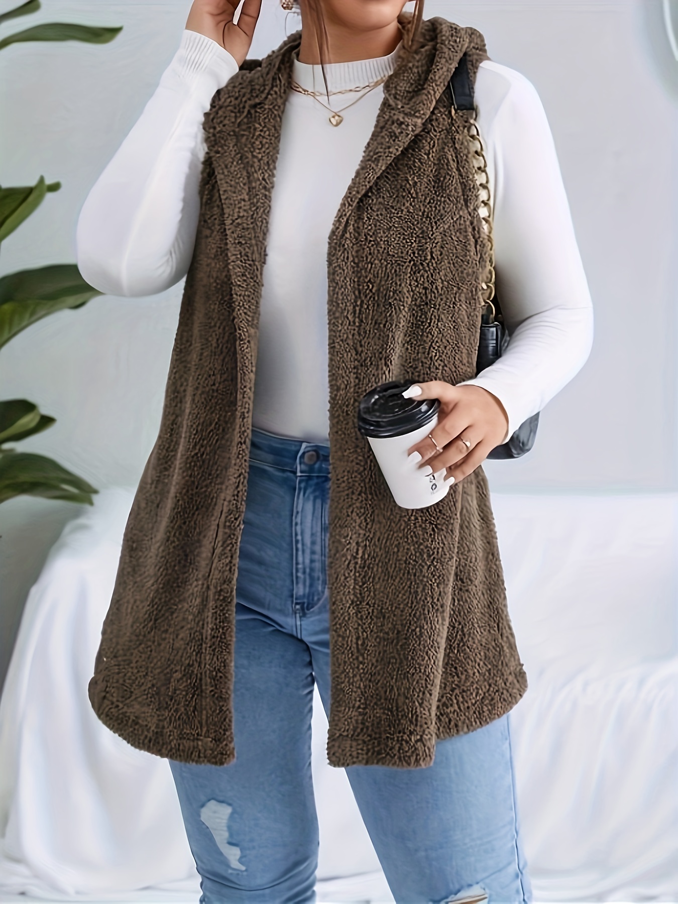 plus size casual faux fur coat womens plus solid teddy fleece hoodie open front tunic vest coat details 3