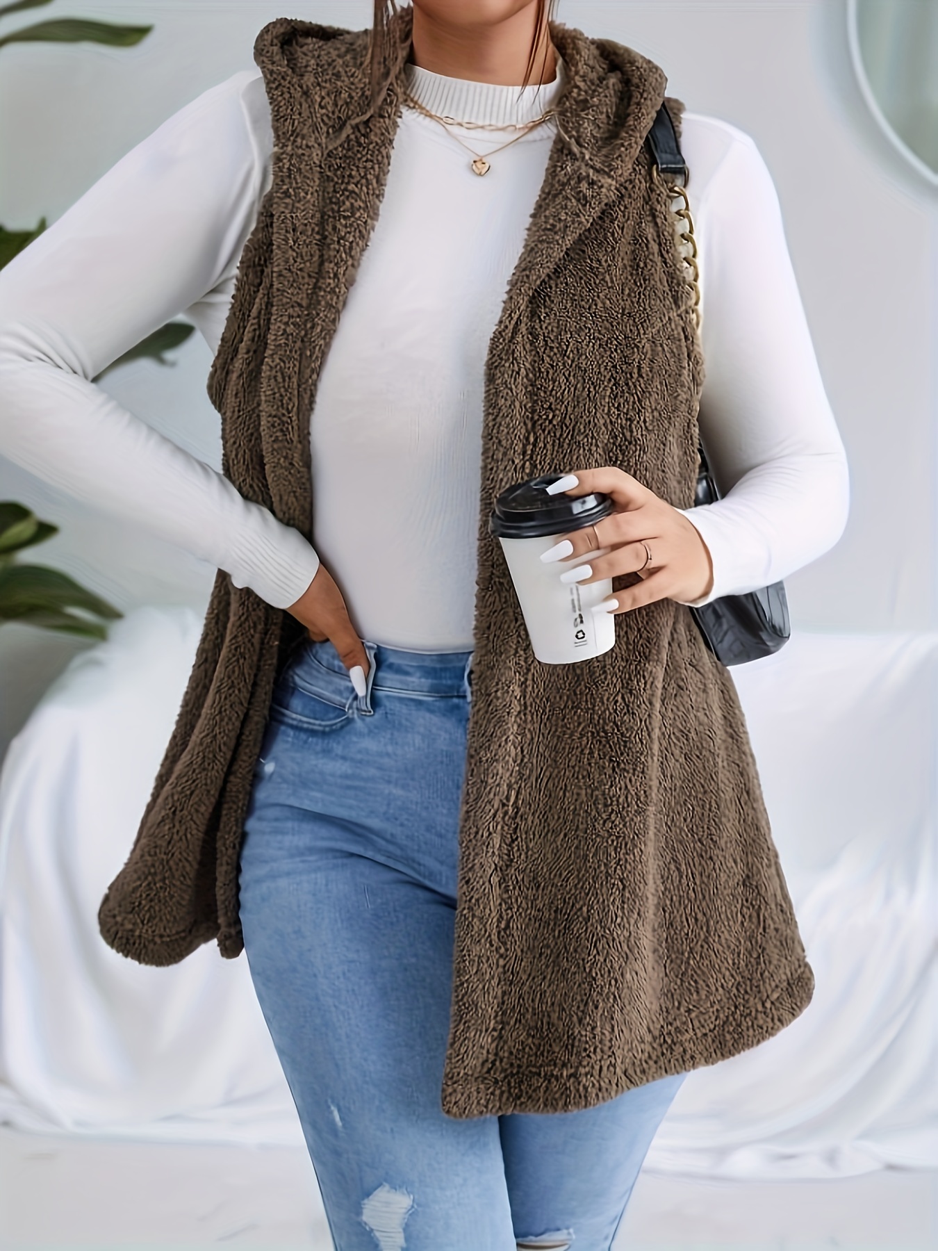 plus size casual faux fur coat womens plus solid teddy fleece hoodie open front tunic vest coat details 4