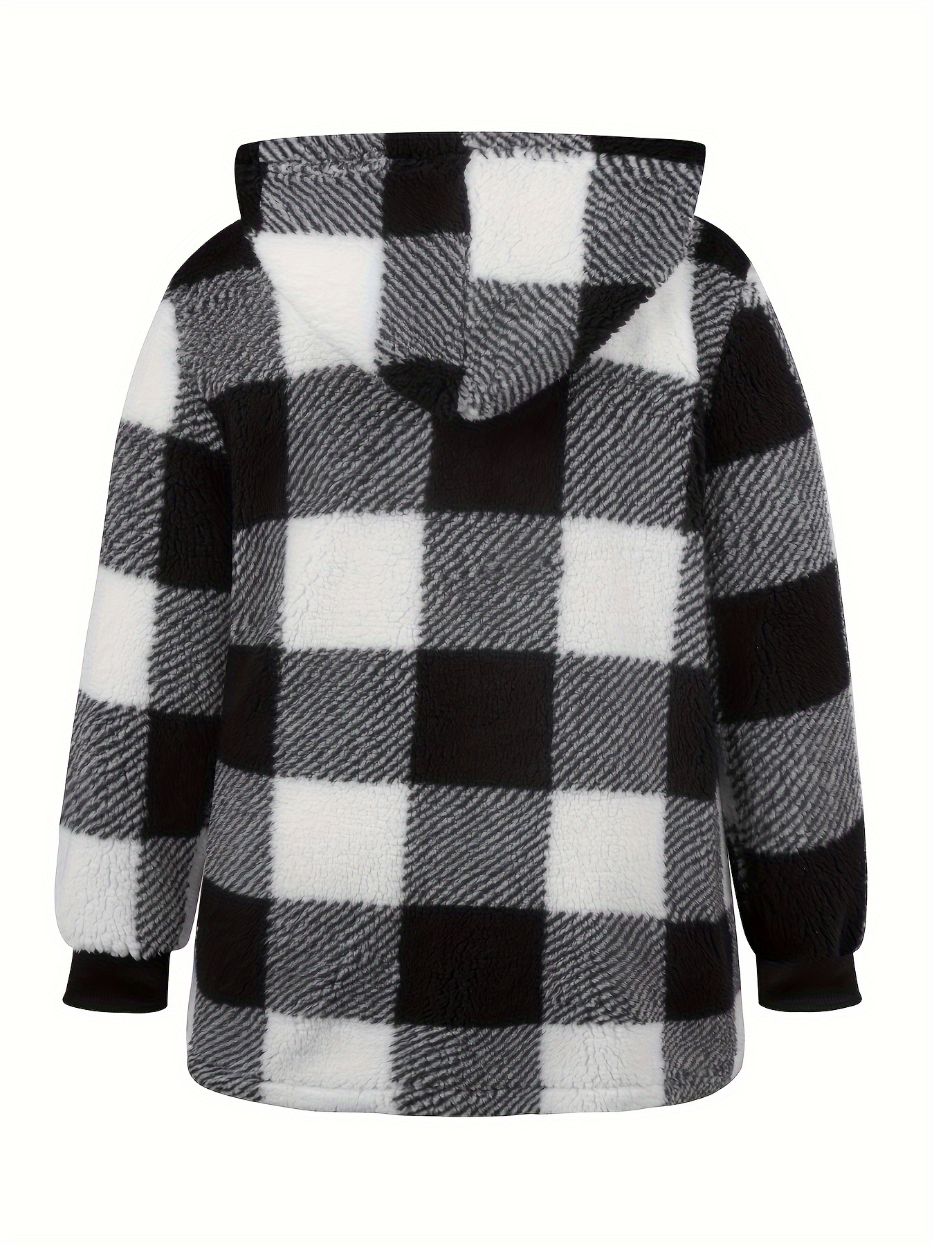 plus size plaid fuzzy coat casual long sleeve zipper hooded coat womens plus size clothing details 0