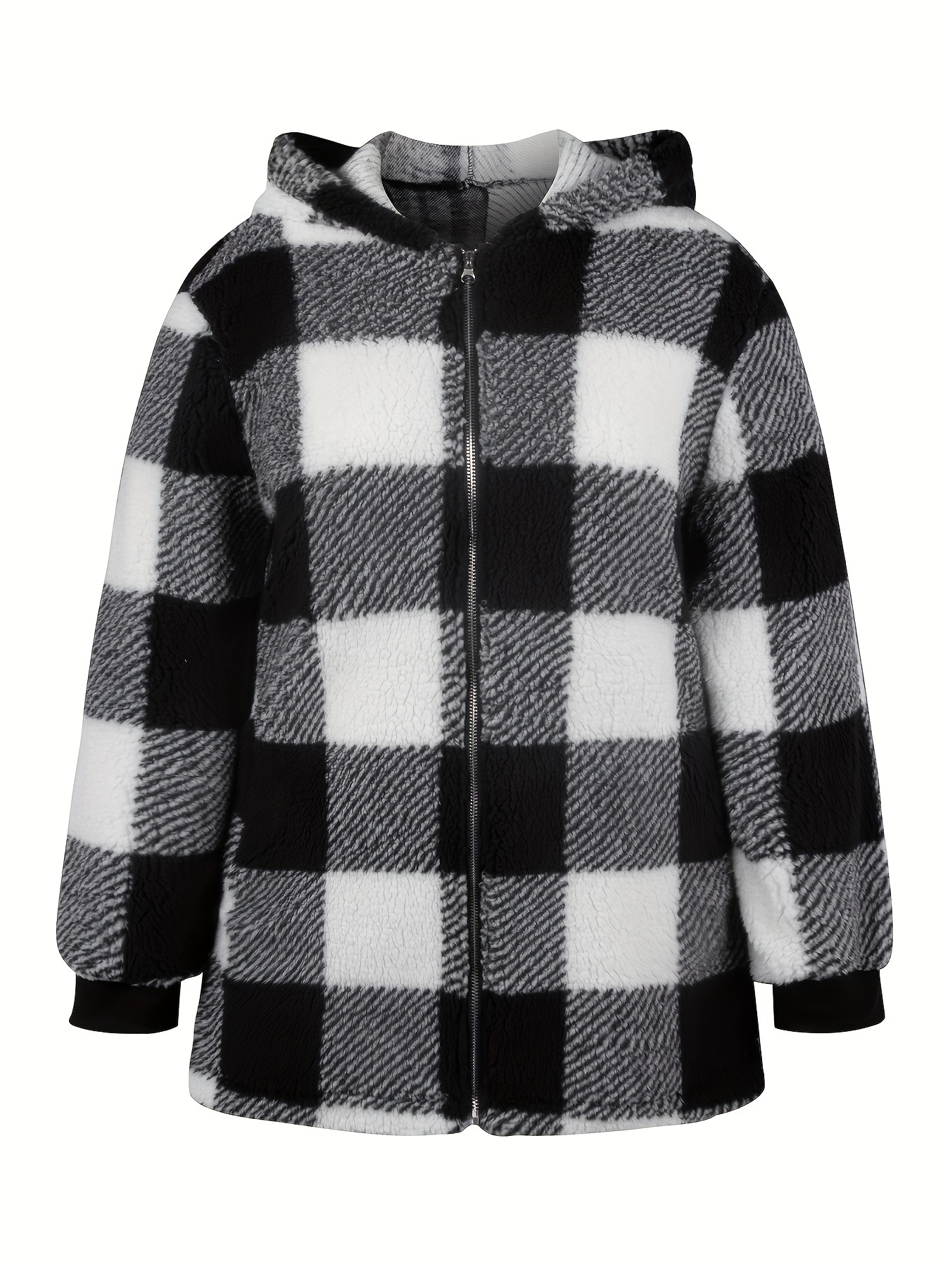 plus size plaid fuzzy coat casual long sleeve zipper hooded coat womens plus size clothing details 1