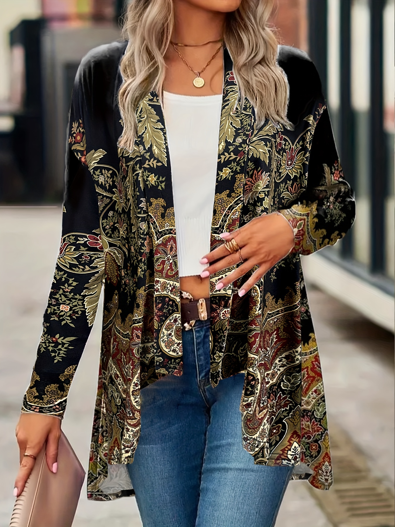 plus size boho coat womens plus arabesque print long sleeve open front slight slight stretch cardigan coat details 1