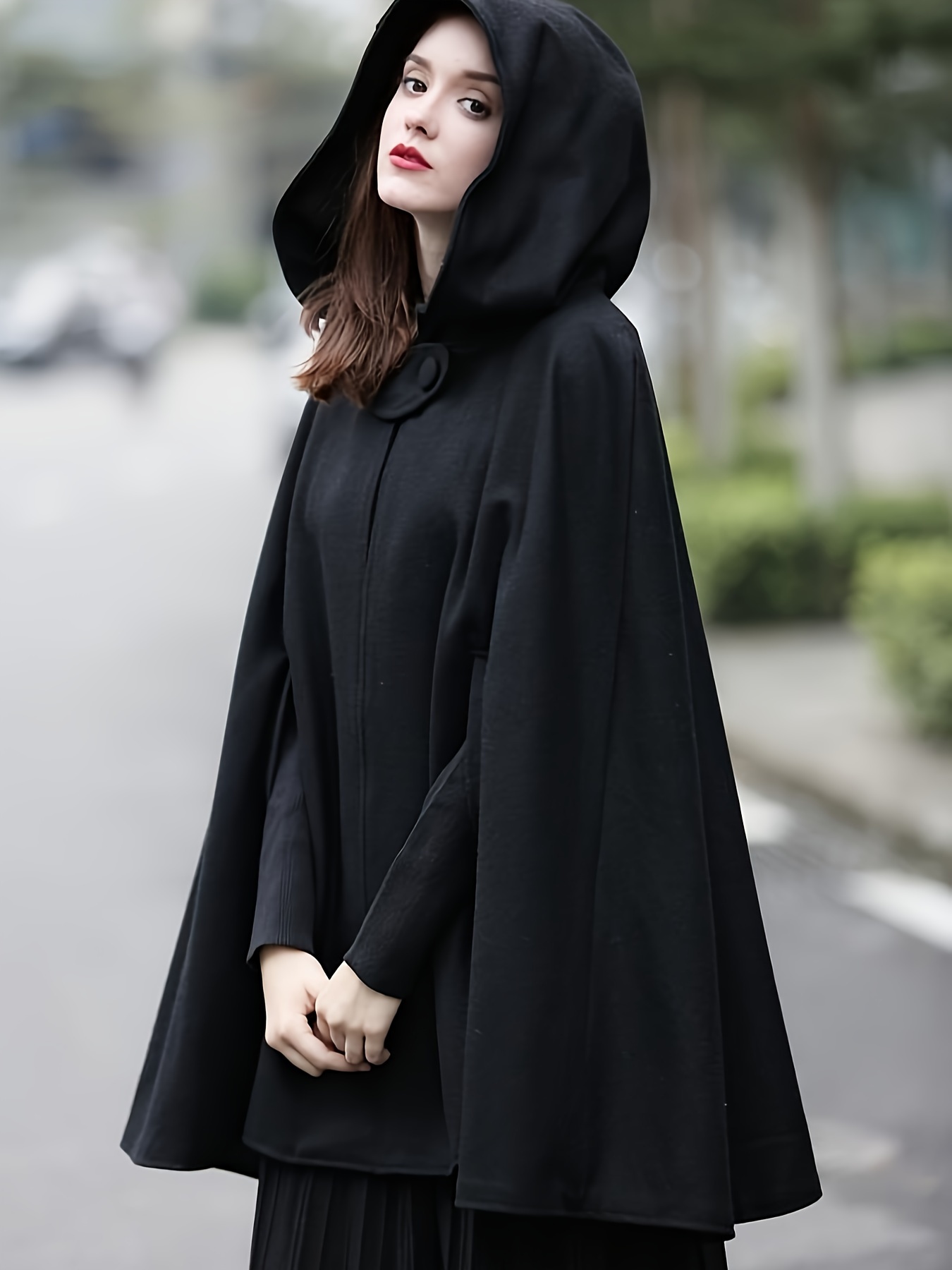 plus size elegant coat womens plus solid split cape sleeve button detail hooded shawl coat details 3