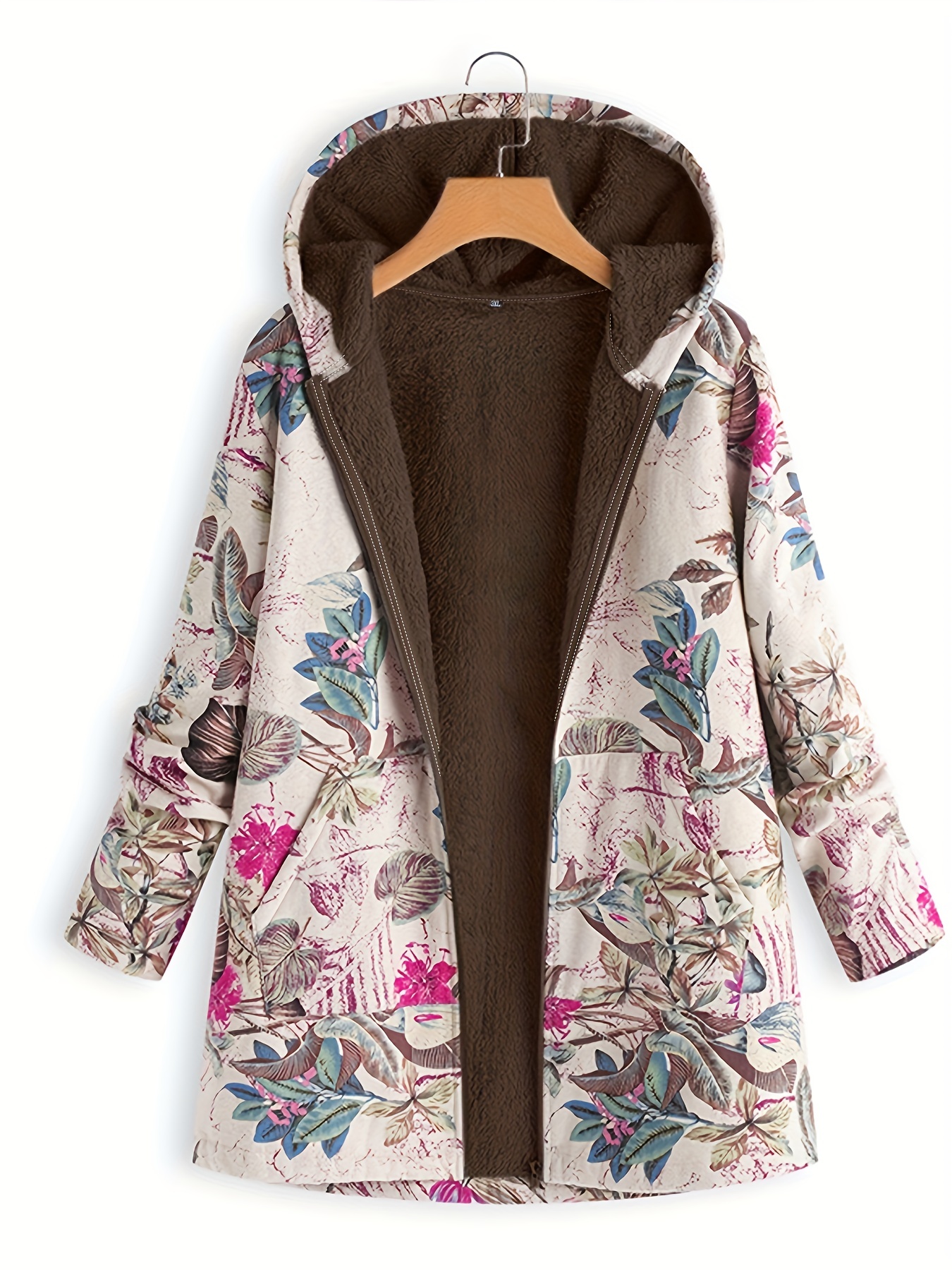 plus size floral print long sleeve hoodie zipper coat with fleece liner womens plus casual coat details 0