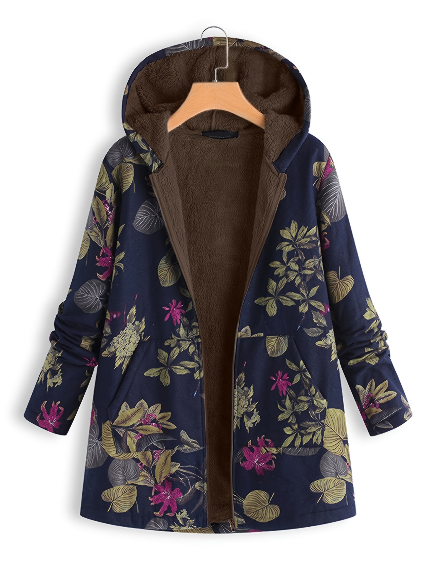 plus size floral print long sleeve hoodie zipper coat with fleece liner womens plus casual coat details 5