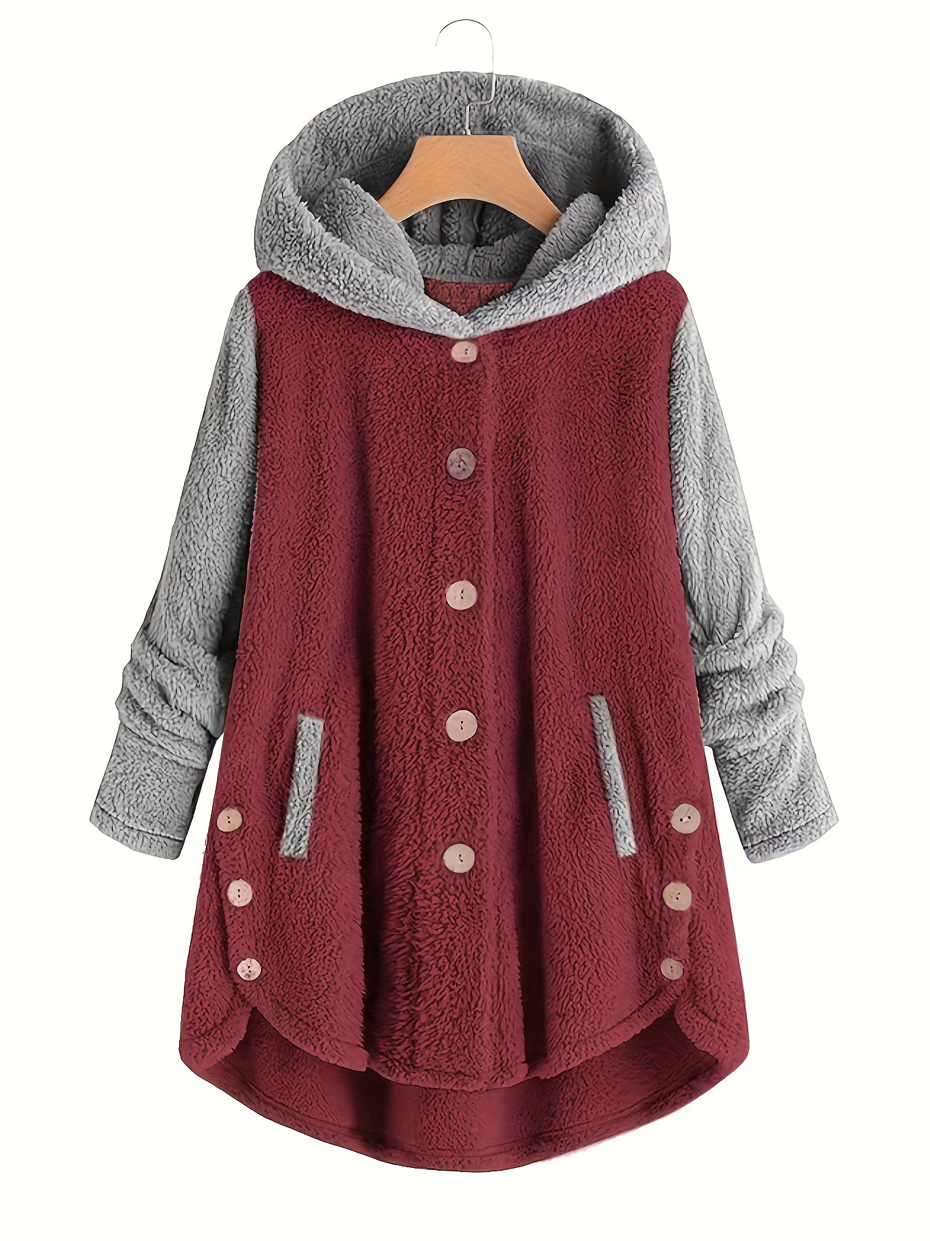 plus size casual coat womens plus colorblock long sleeve button up hooded teddy coat details 7