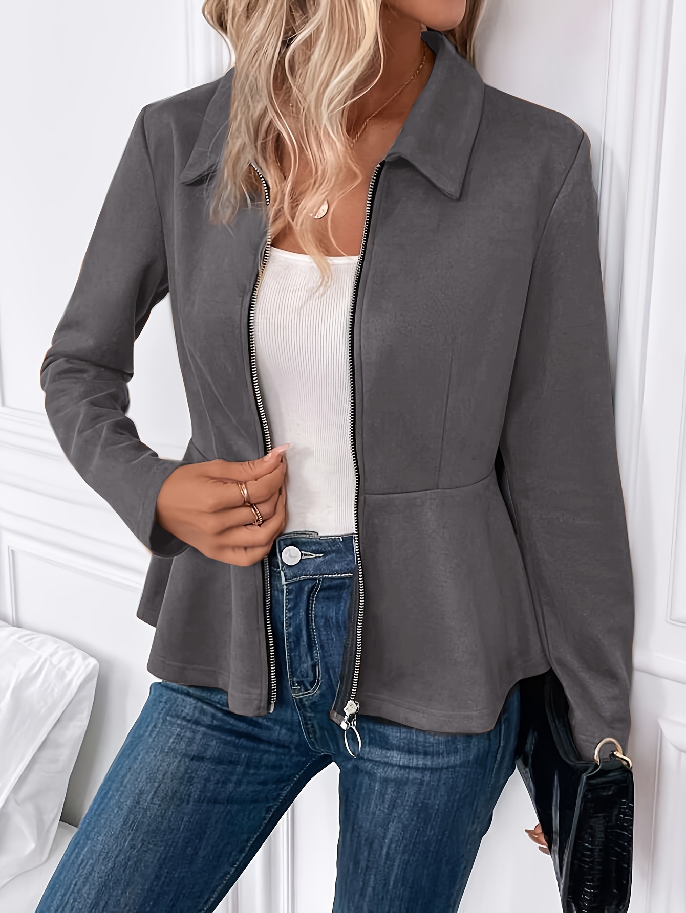 womens casual jacket plus size solid long sleeve zip up lapel collar peplum jacket details 0