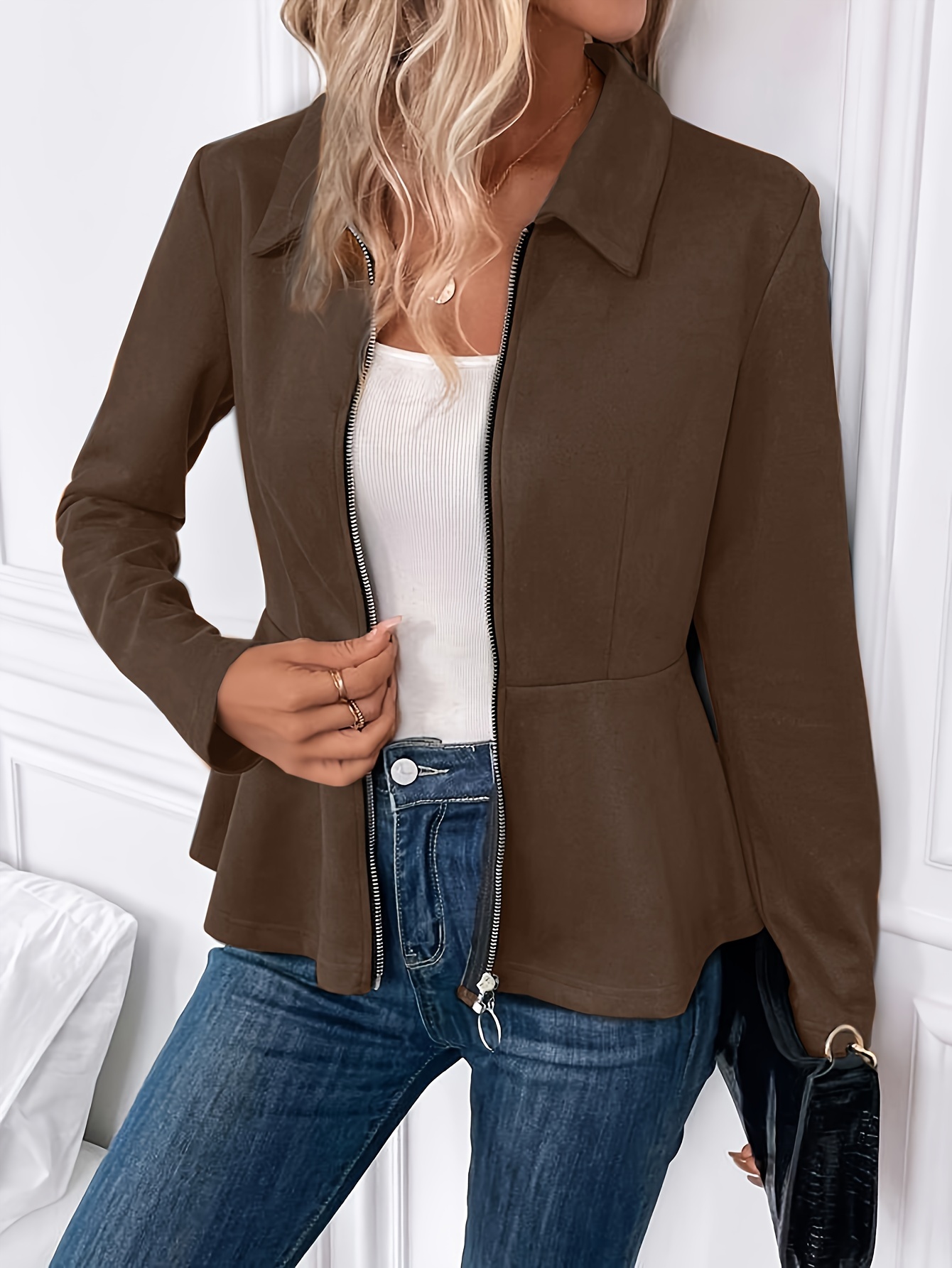 womens casual jacket plus size solid long sleeve zip up lapel collar peplum jacket details 4