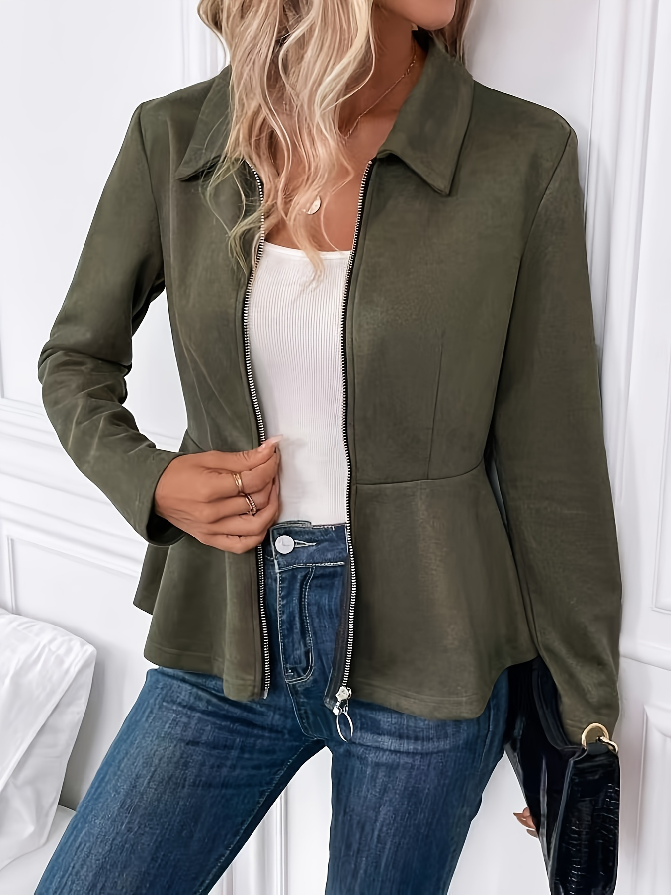 womens casual jacket plus size solid long sleeve zip up lapel collar peplum jacket details 11