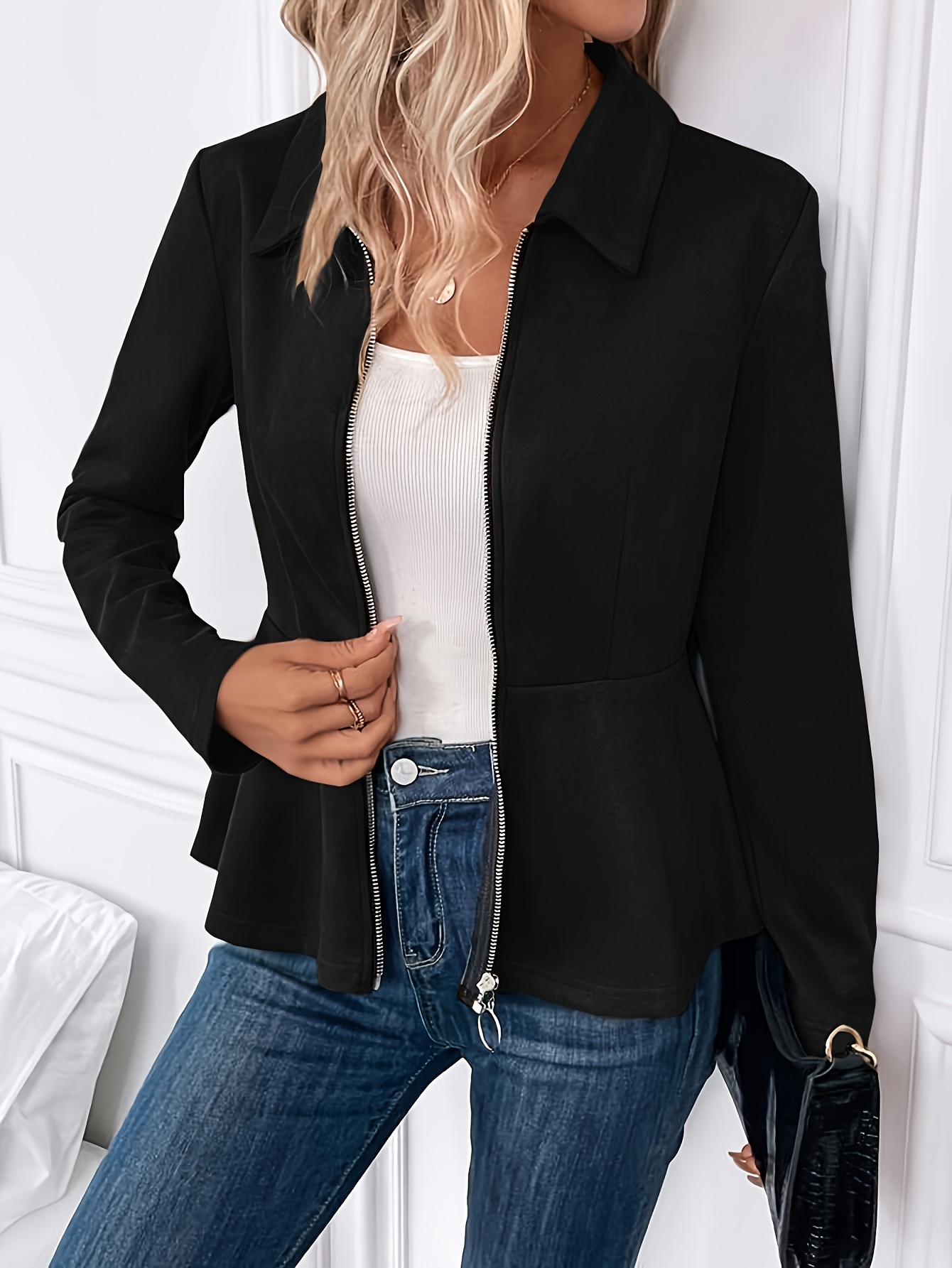 womens casual jacket plus size solid long sleeve zip up lapel collar peplum jacket details 13