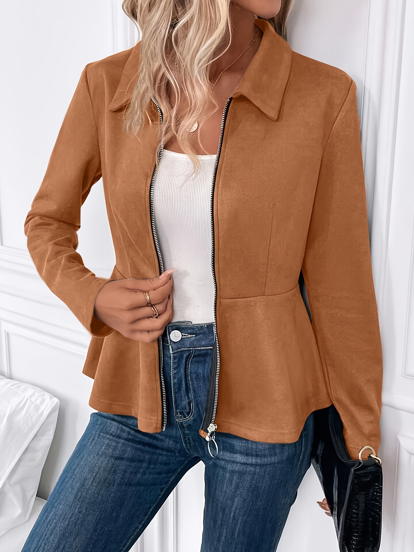 womens casual jacket plus size solid long sleeve zip up lapel collar peplum jacket details 15