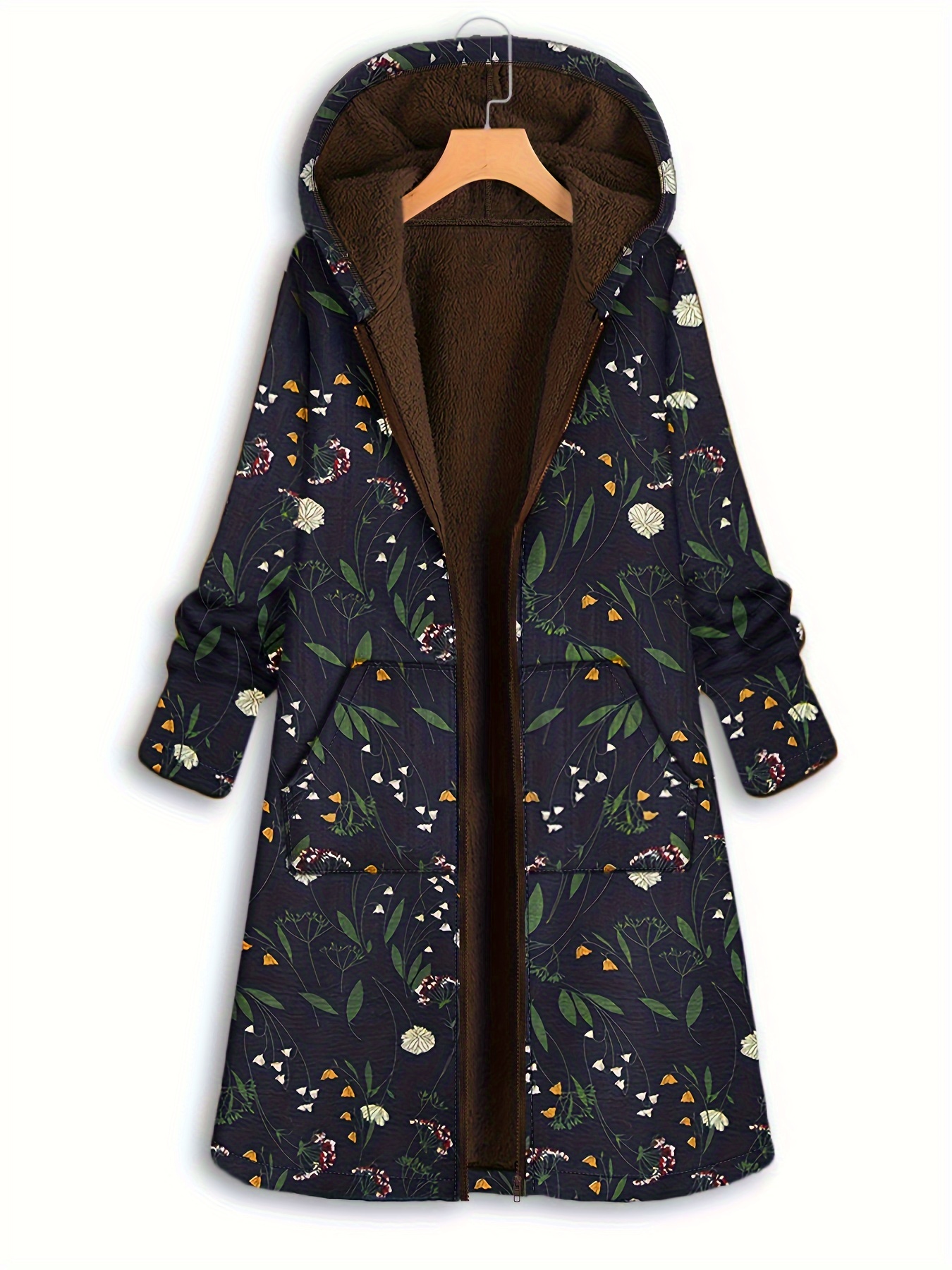 plus size boho coat womens plus floral print fleece liner long sleeve hooded zip up longline overcoat with pockets details 7