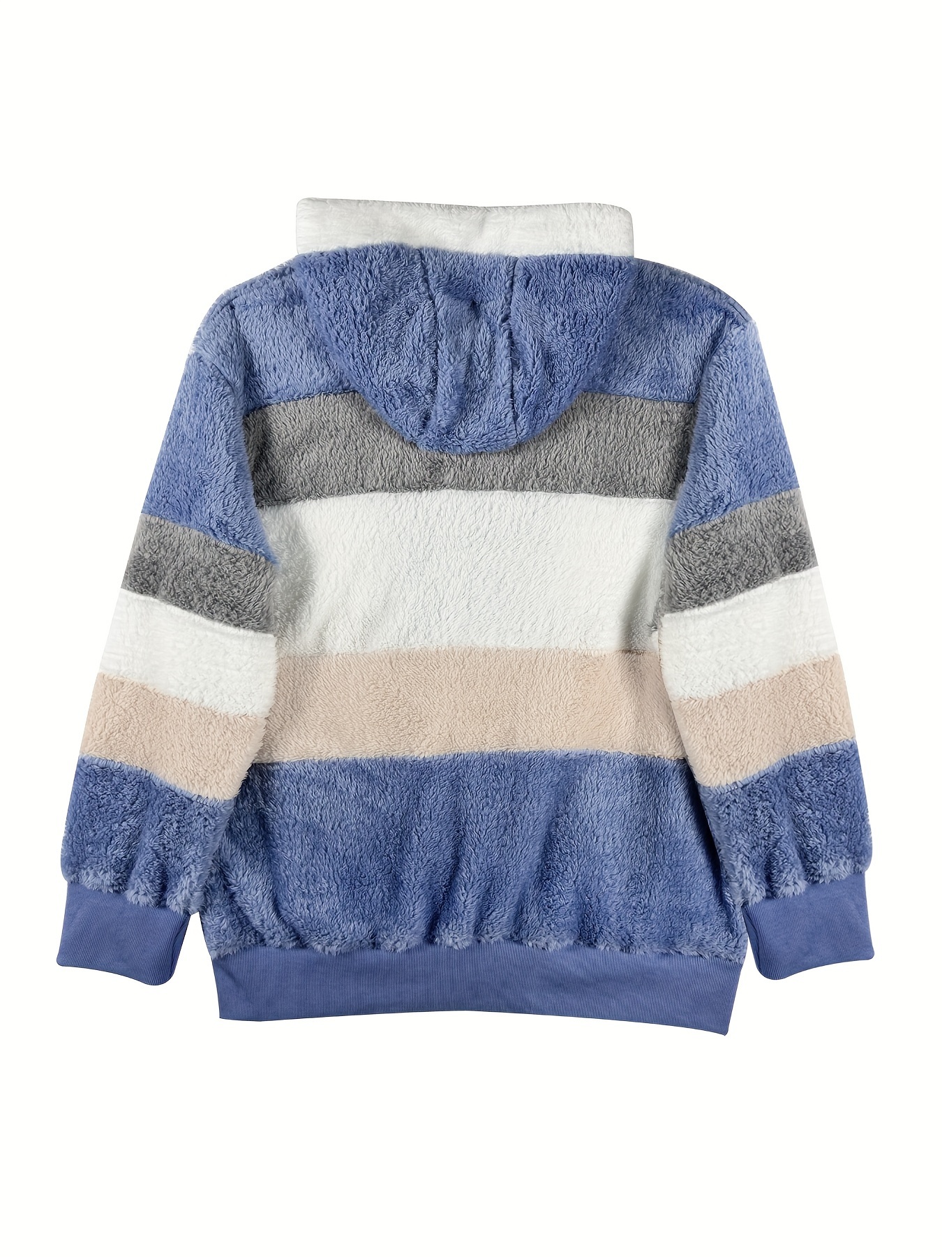 Plus Size Colorblock Stripe Zip Front Fuzzy Coat, Casual Long Sleeve Hooded Outwear For Winter & Fall, Women s Plus Size Clothing details 3