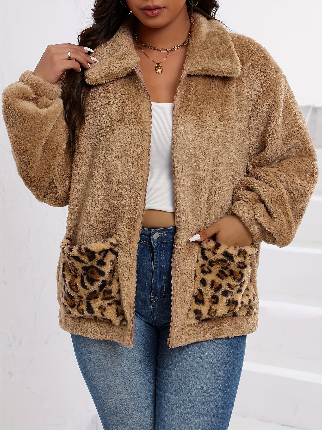 plus size casual coat womens plus colorblock leopard print teddy fleece long sleeve zip up lapel collar coat with pockets details 3