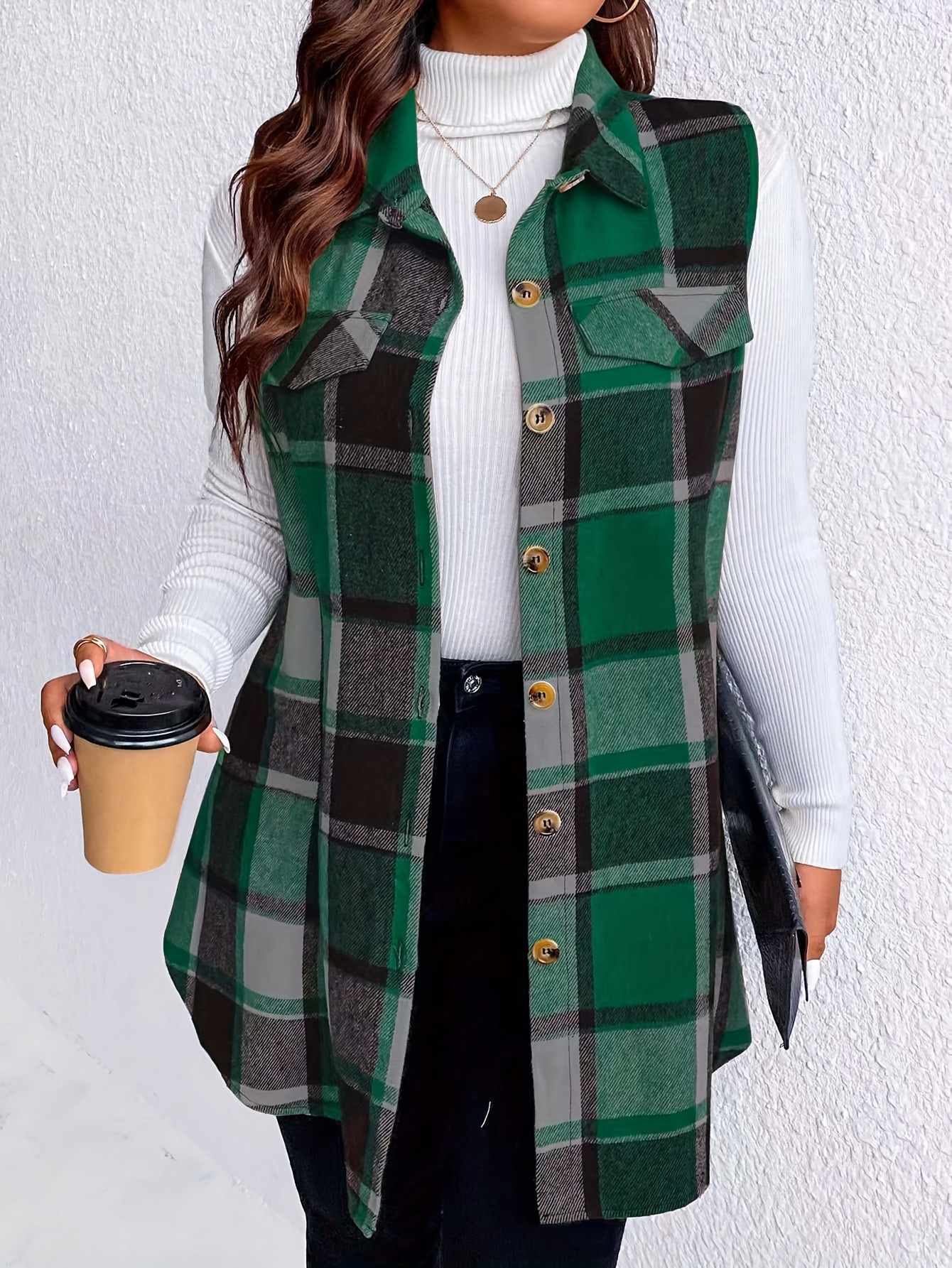 plus size casual coat womens plus plaid print button up lapel collar tunic vest coat details 0