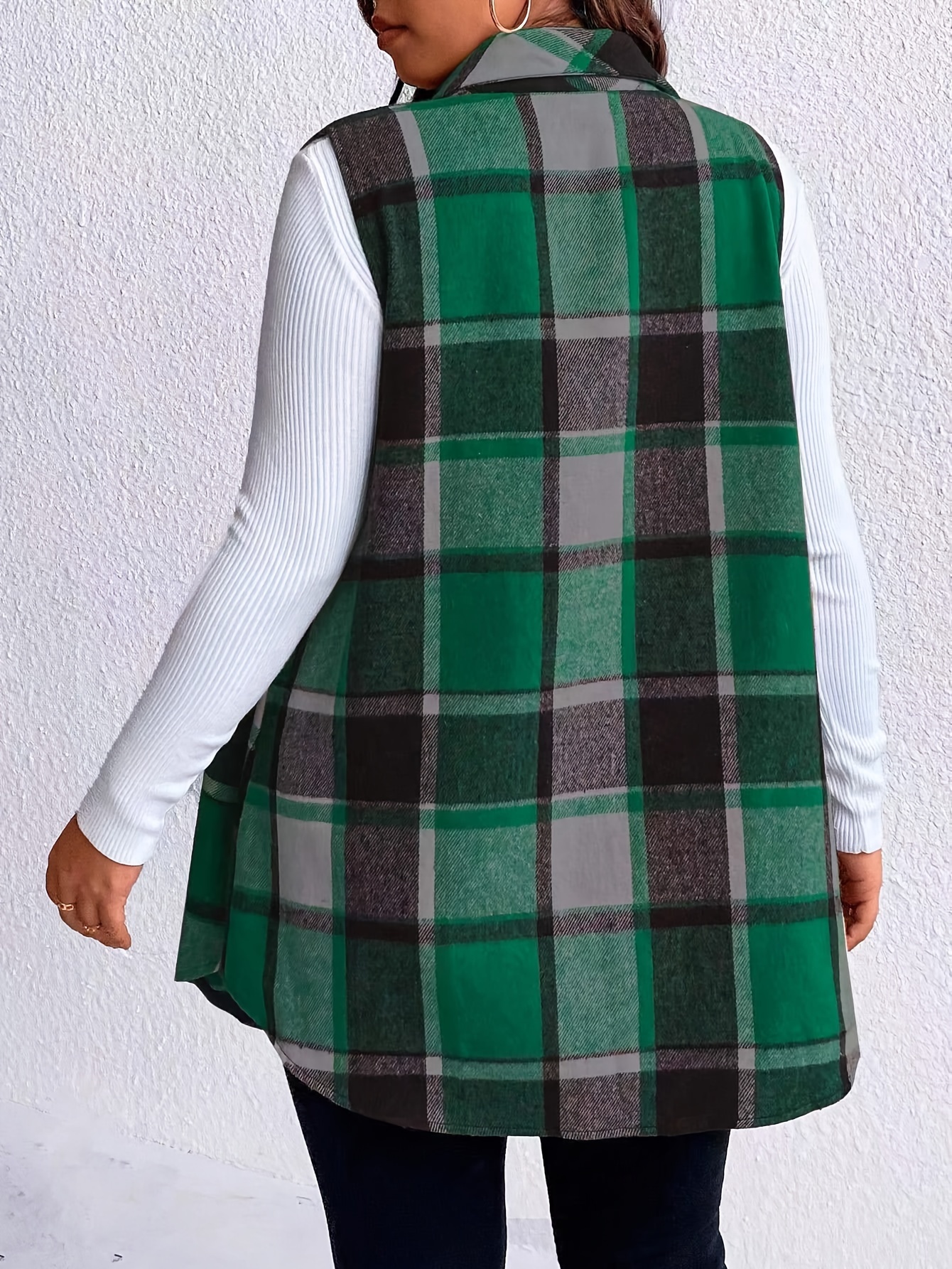 plus size casual coat womens plus plaid print button up lapel collar tunic vest coat details 1