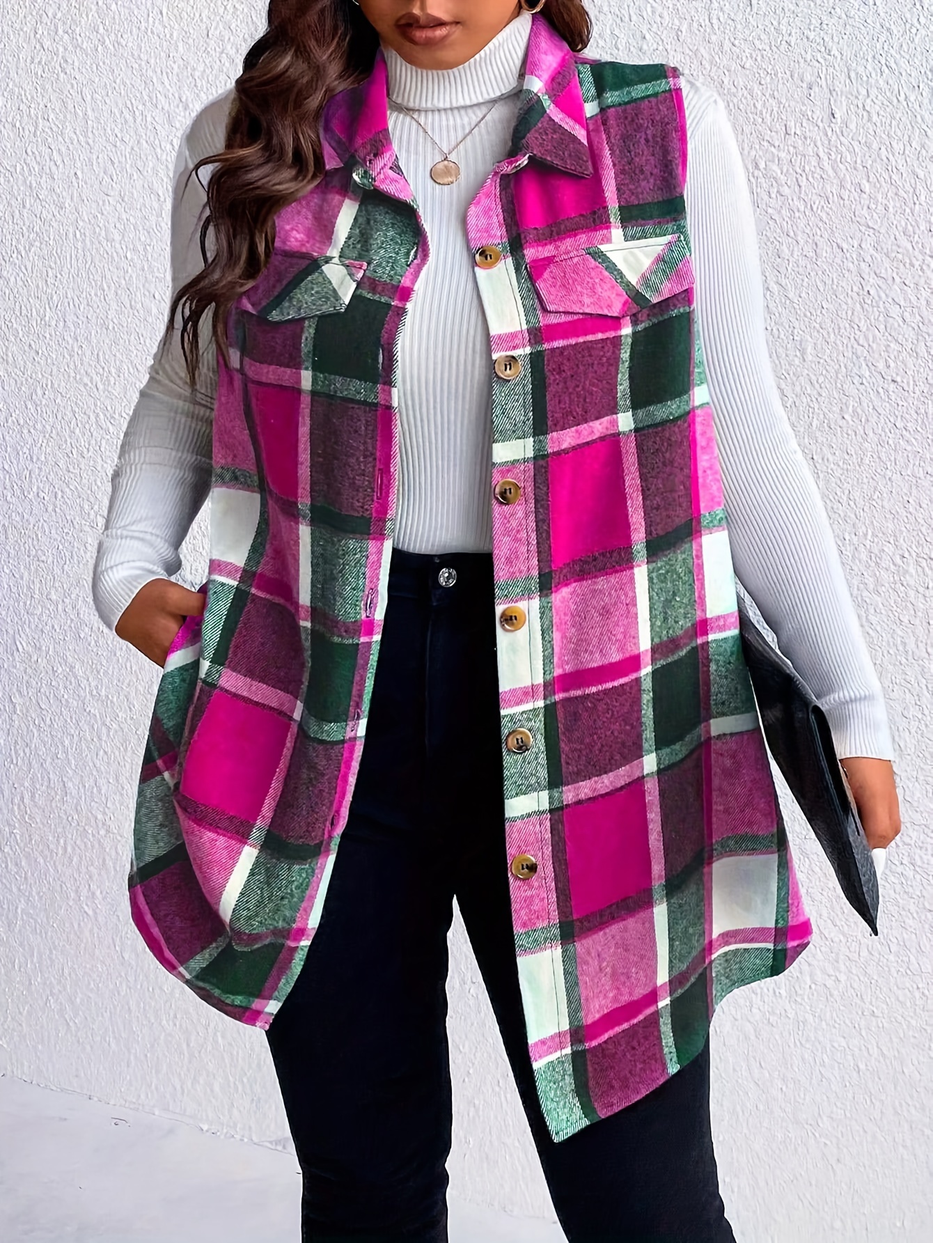 plus size casual coat womens plus plaid print button up lapel collar tunic vest coat details 5