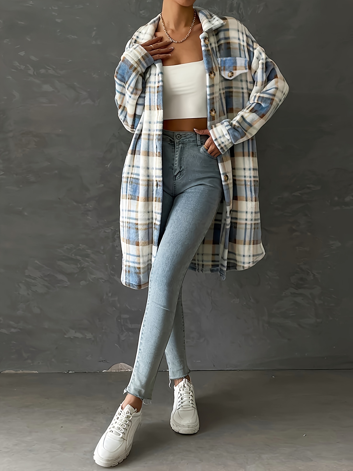 plus size casual coat womens plus plaid print fleece long sleeve button up lapel collar longline coat details 0