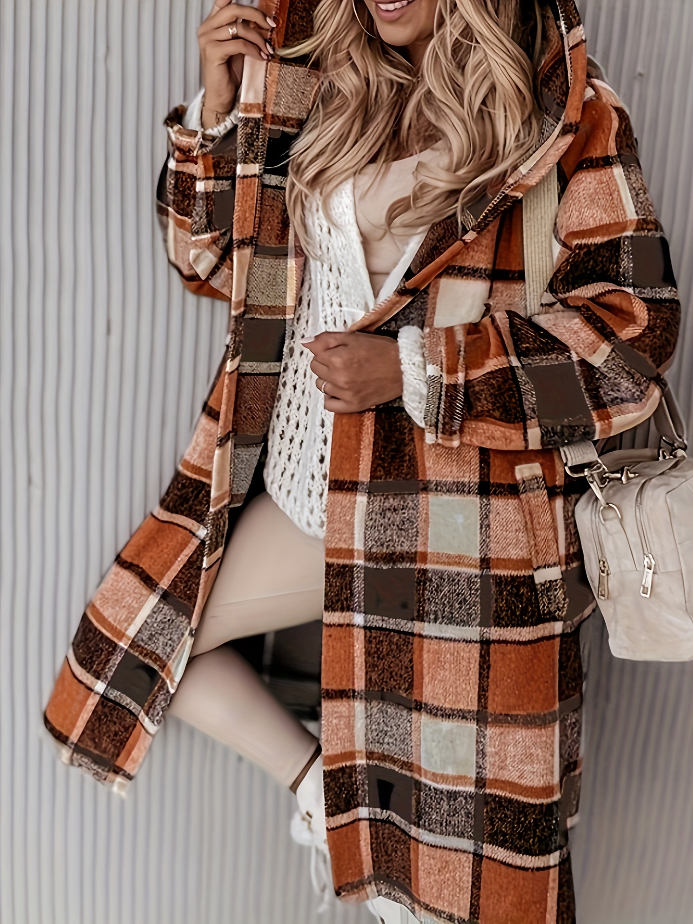 plus size plaid print pocket coat casual hooded long sleeve outwear for spring fall womens plus size clothing details 0