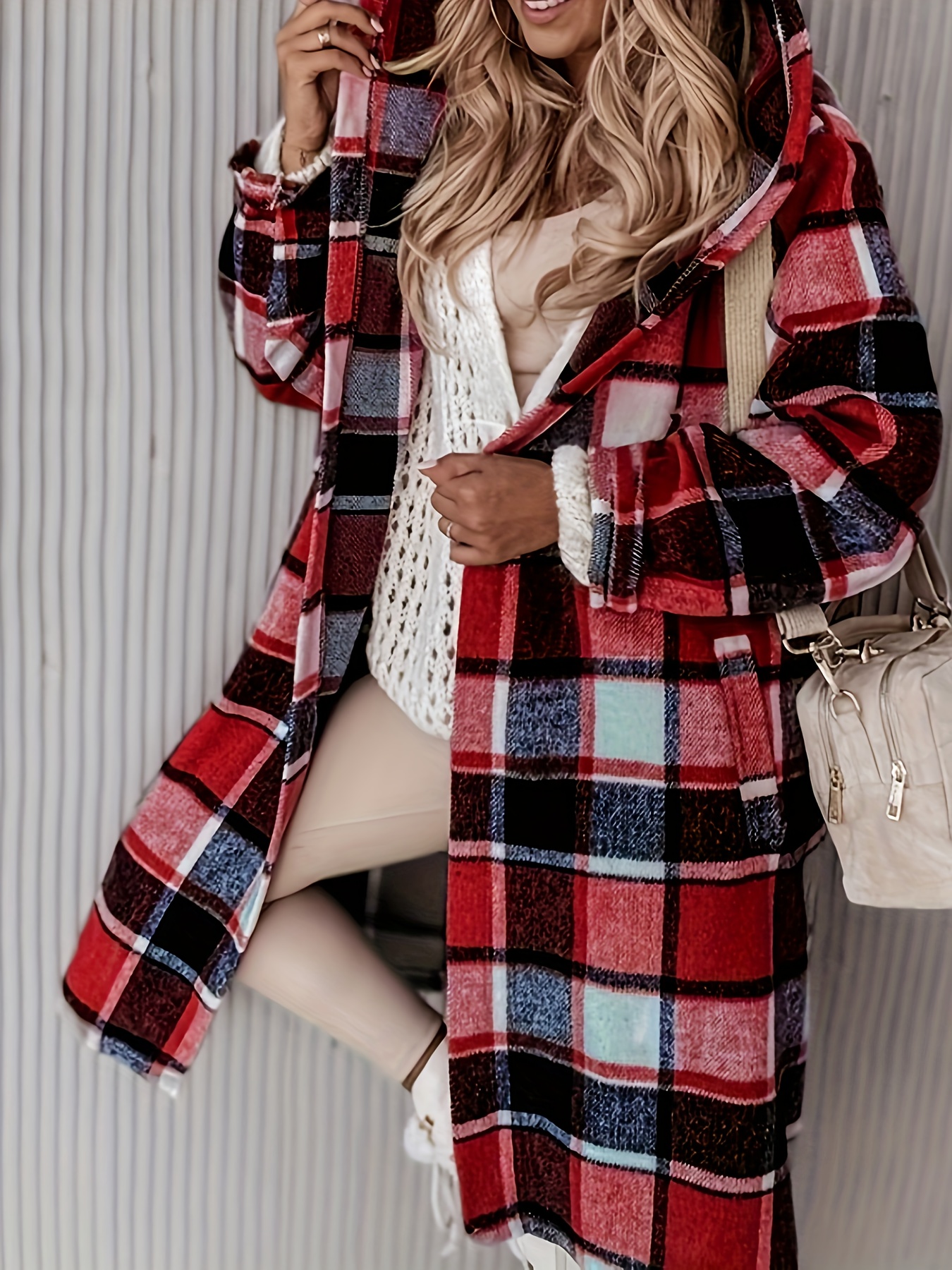 plus size plaid print pocket coat casual hooded long sleeve outwear for spring fall womens plus size clothing details 3