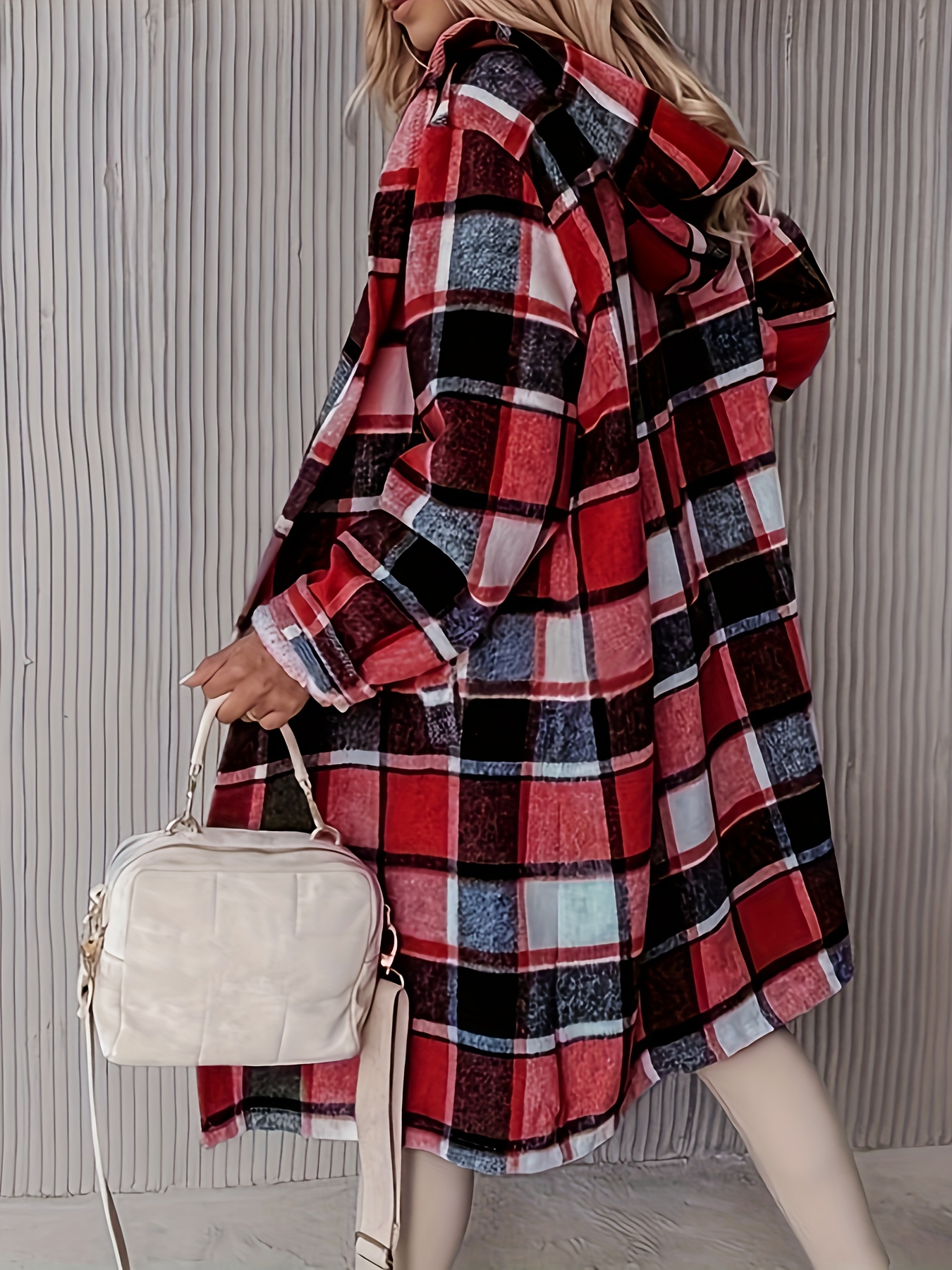 plus size plaid print pocket coat casual hooded long sleeve outwear for spring fall womens plus size clothing details 4