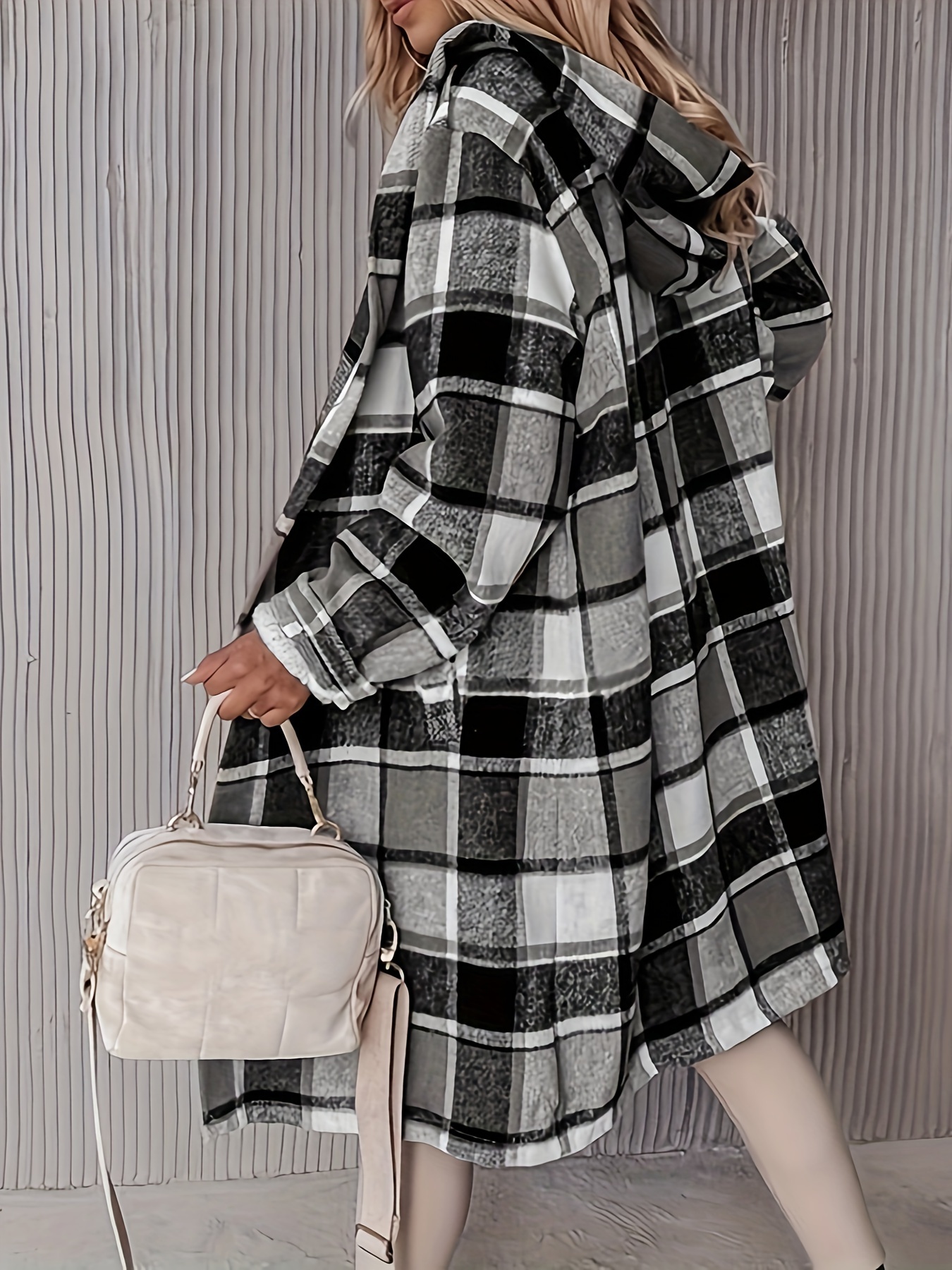 plus size plaid print pocket coat casual hooded long sleeve outwear for spring fall womens plus size clothing details 7