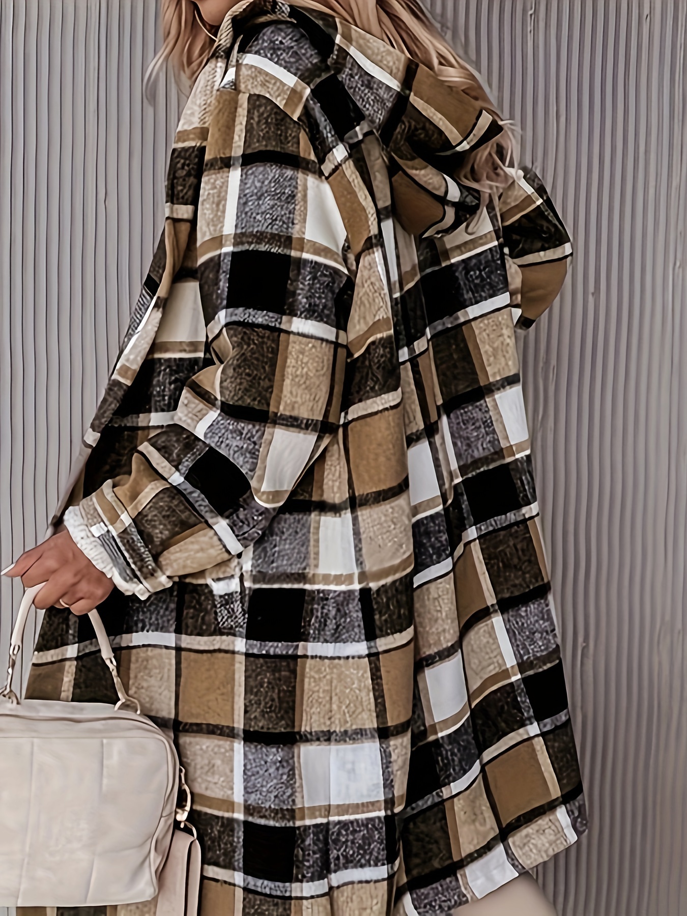 plus size plaid print pocket coat casual hooded long sleeve outwear for spring fall womens plus size clothing details 9