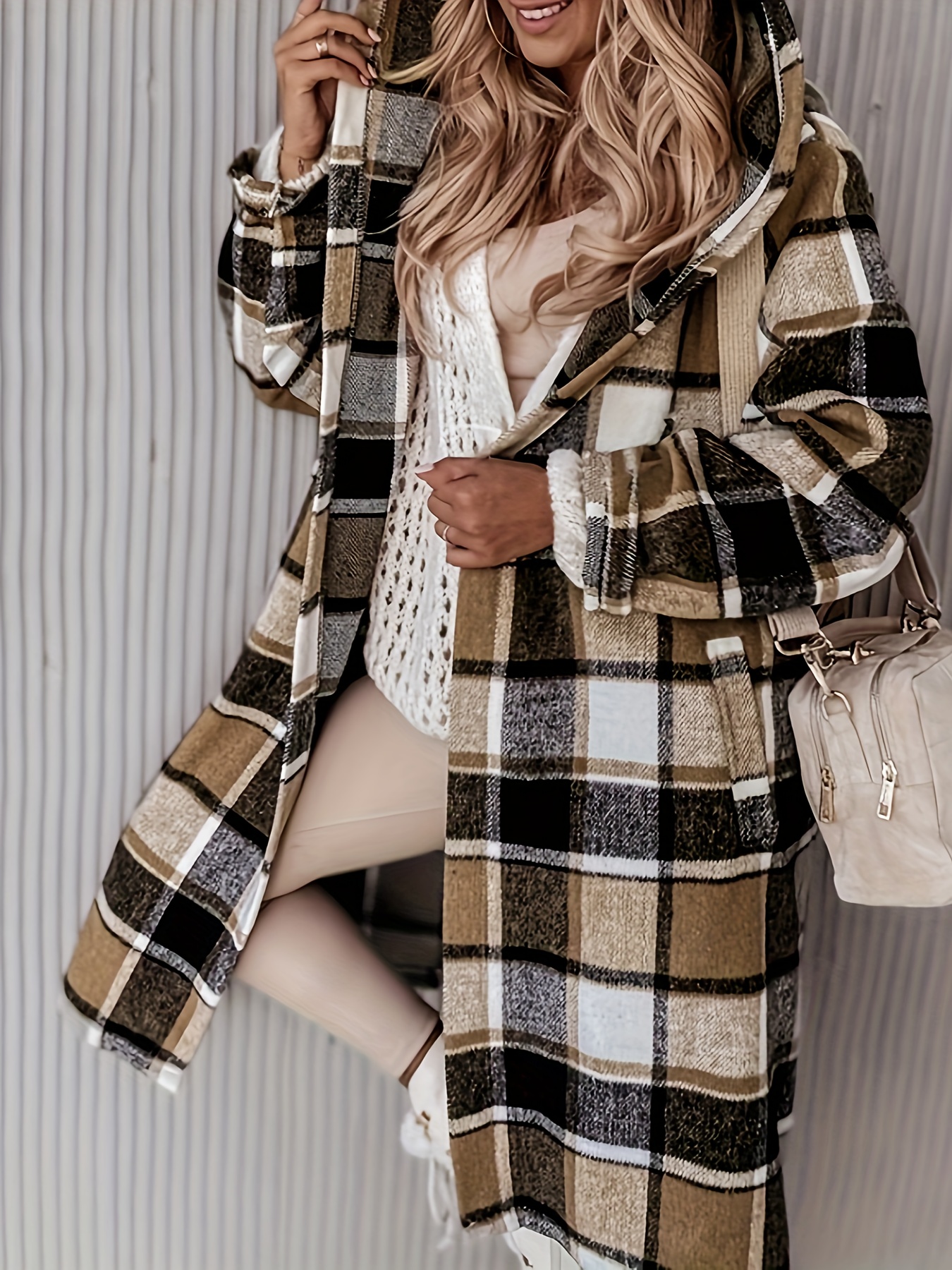 plus size plaid print pocket coat casual hooded long sleeve outwear for spring fall womens plus size clothing details 10