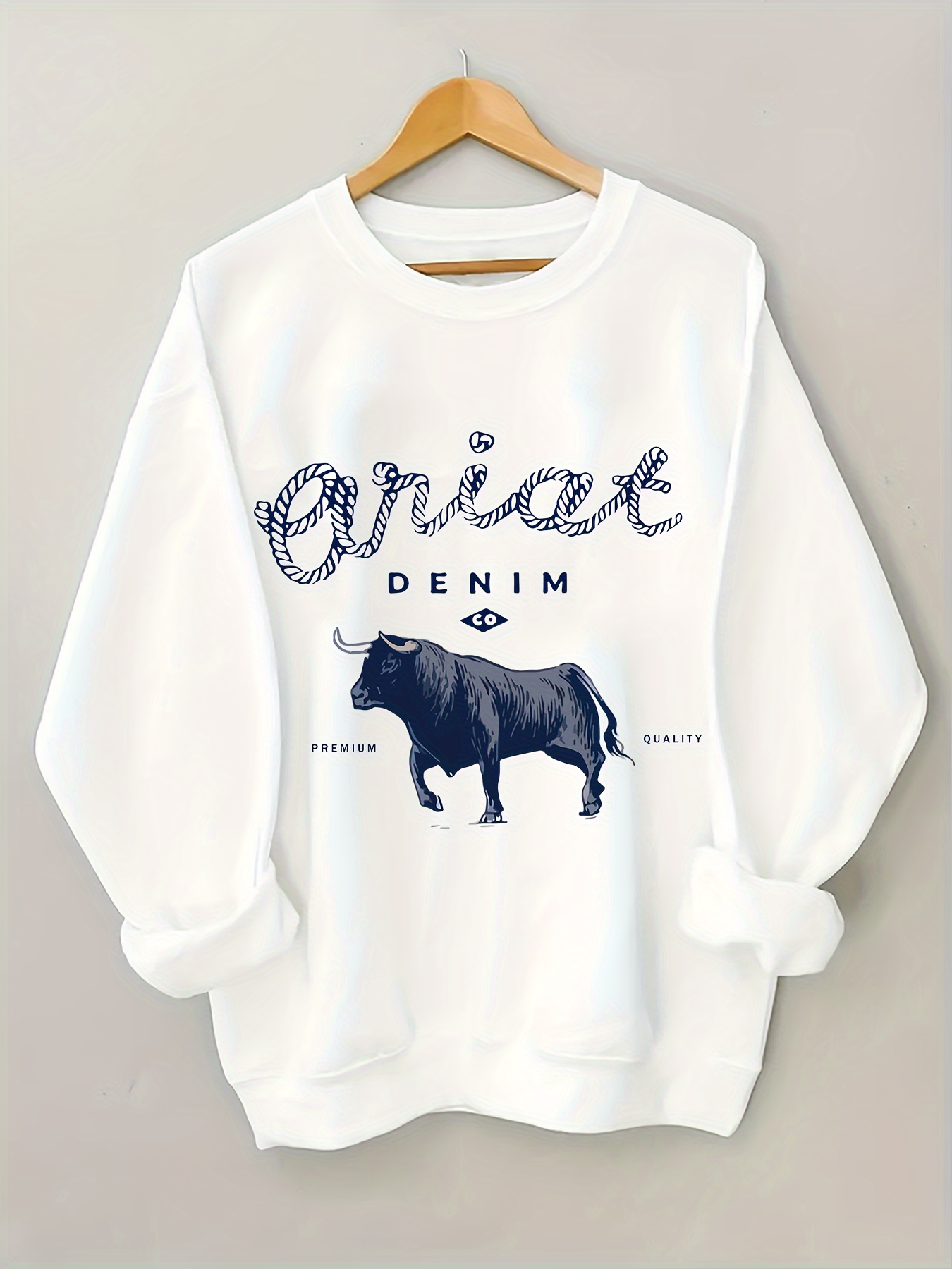 plus size denim print pullover sweatshirt casual long sleeve crew neck sweatshirt for fall spring womens plus size clothing details 0