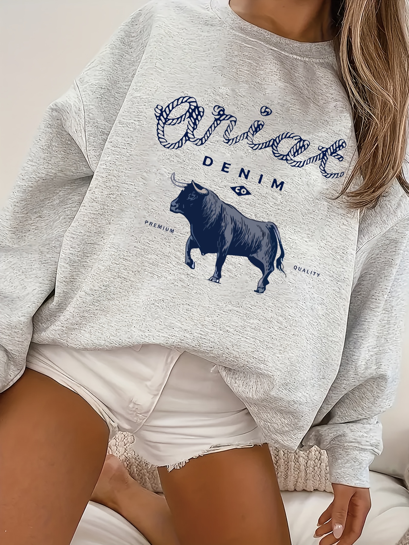 plus size denim print pullover sweatshirt casual long sleeve crew neck sweatshirt for fall spring womens plus size clothing details 27