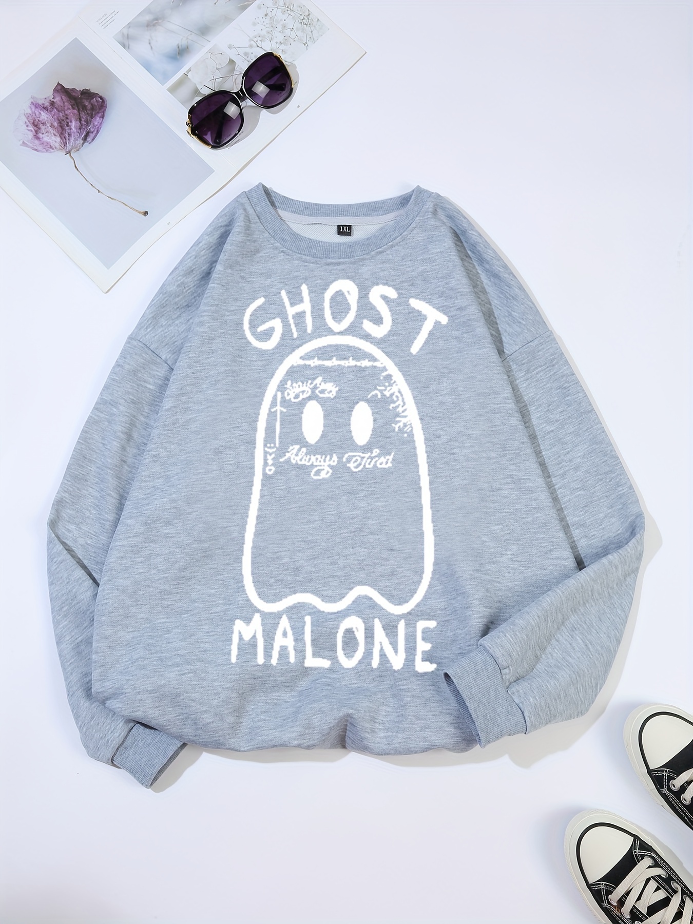 plus size cartoon ghost print sweatshirt crew neck casual sweatshirt for fall spring womens plus size clothing details 6