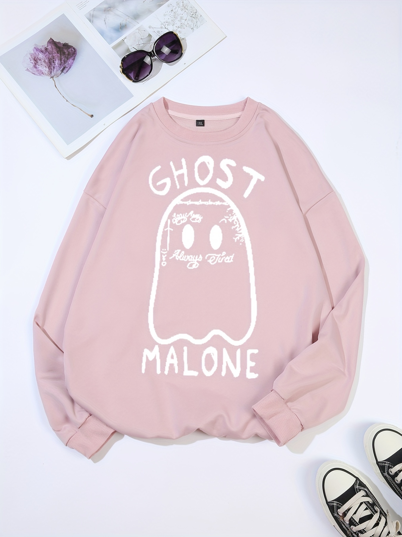 plus size cartoon ghost print sweatshirt crew neck casual sweatshirt for fall spring womens plus size clothing details 12