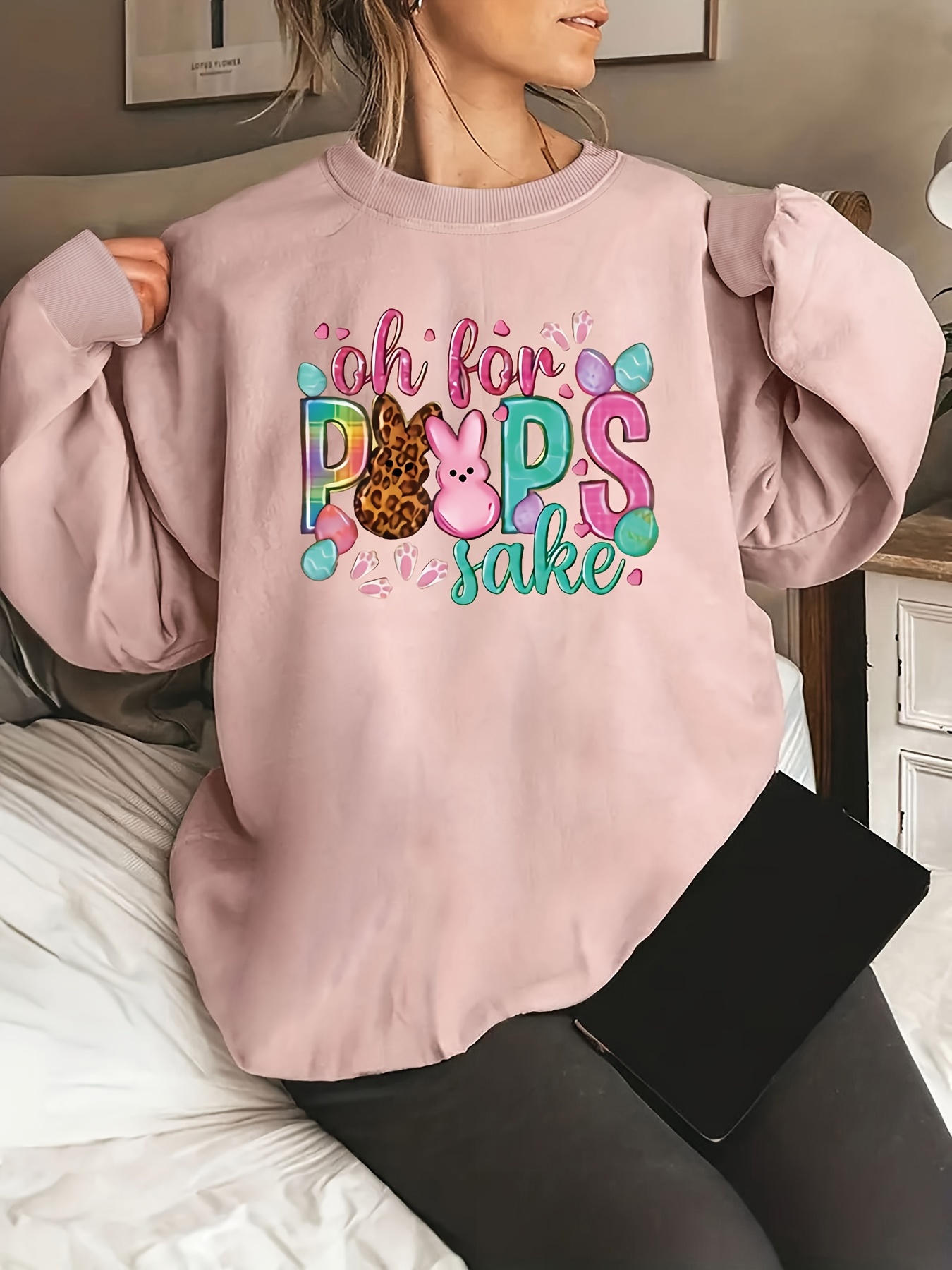 plus size easter bunny print sweatshirt crew neck casual sweatshirt for fall spring womens plus size clothing details 30