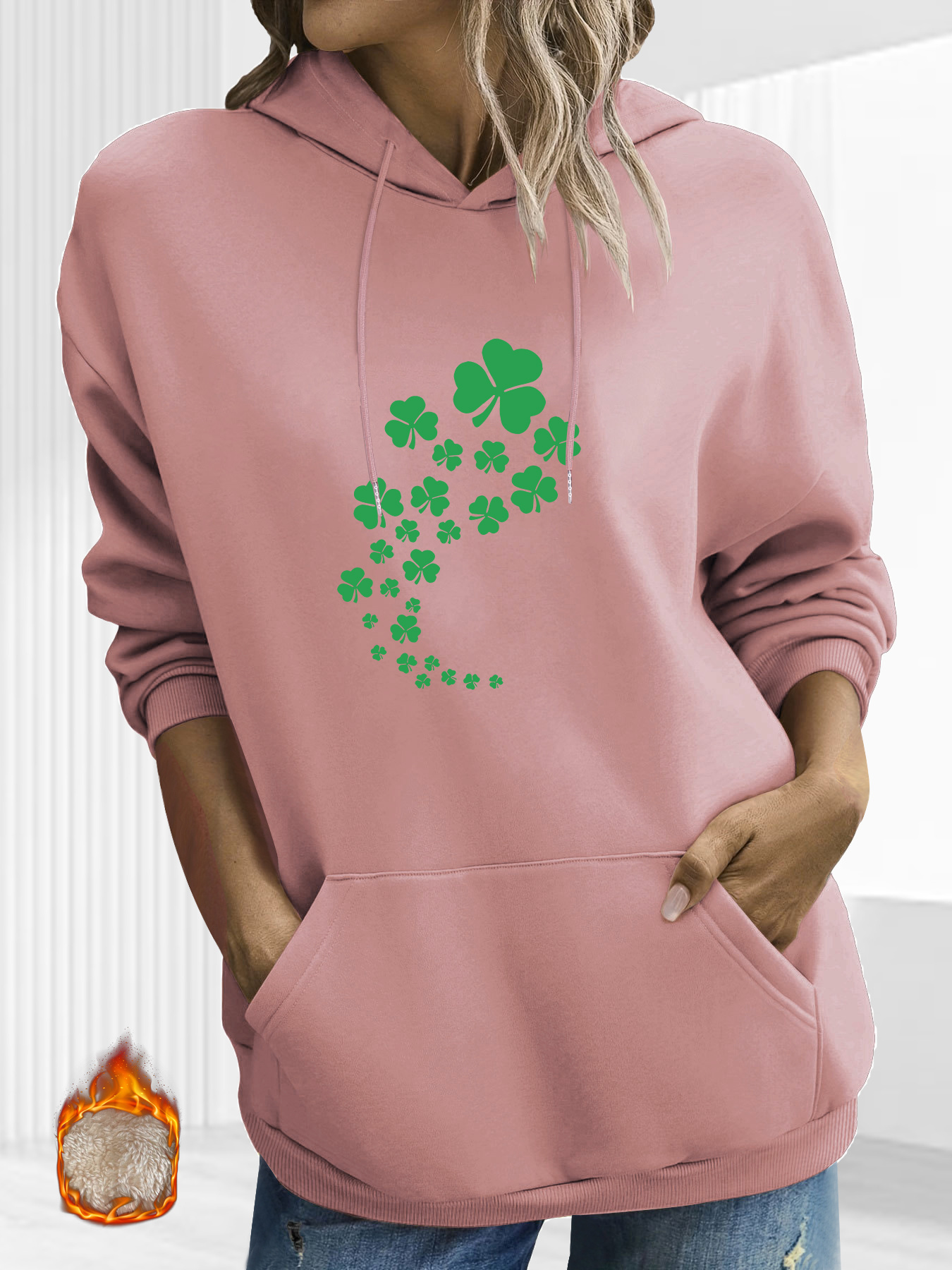 plus size clover print warm hoodie casual kangaroo pocket long sleeve hooded sweatshirt womens plus size clothing details 17