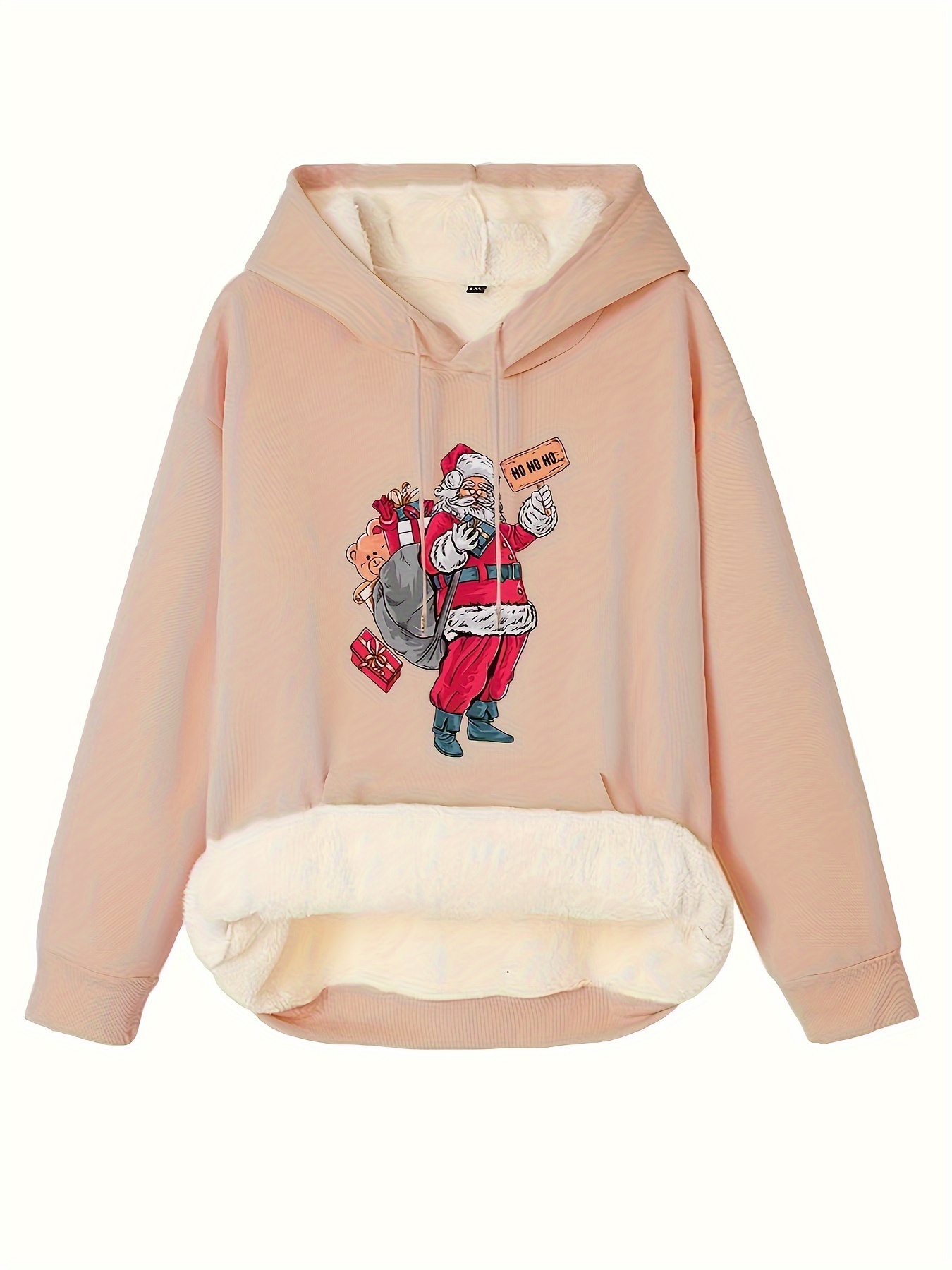 womens christmas sweatshirt plus size funny santa claus print liner fleece long sleeve hooded drawstring sweatshirt with kangaroo pockets details 0