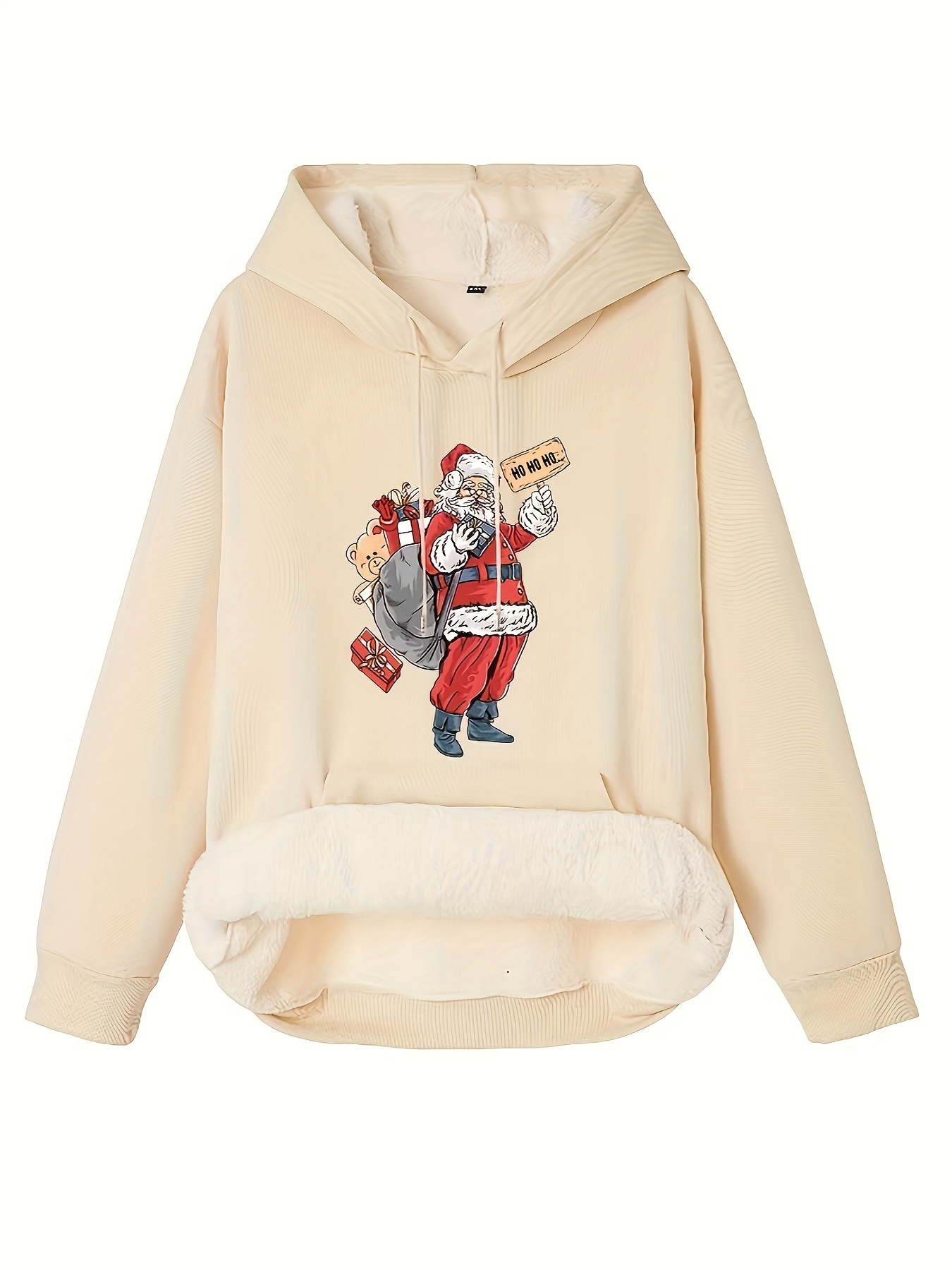 womens christmas sweatshirt plus size funny santa claus print liner fleece long sleeve hooded drawstring sweatshirt with kangaroo pockets details 9